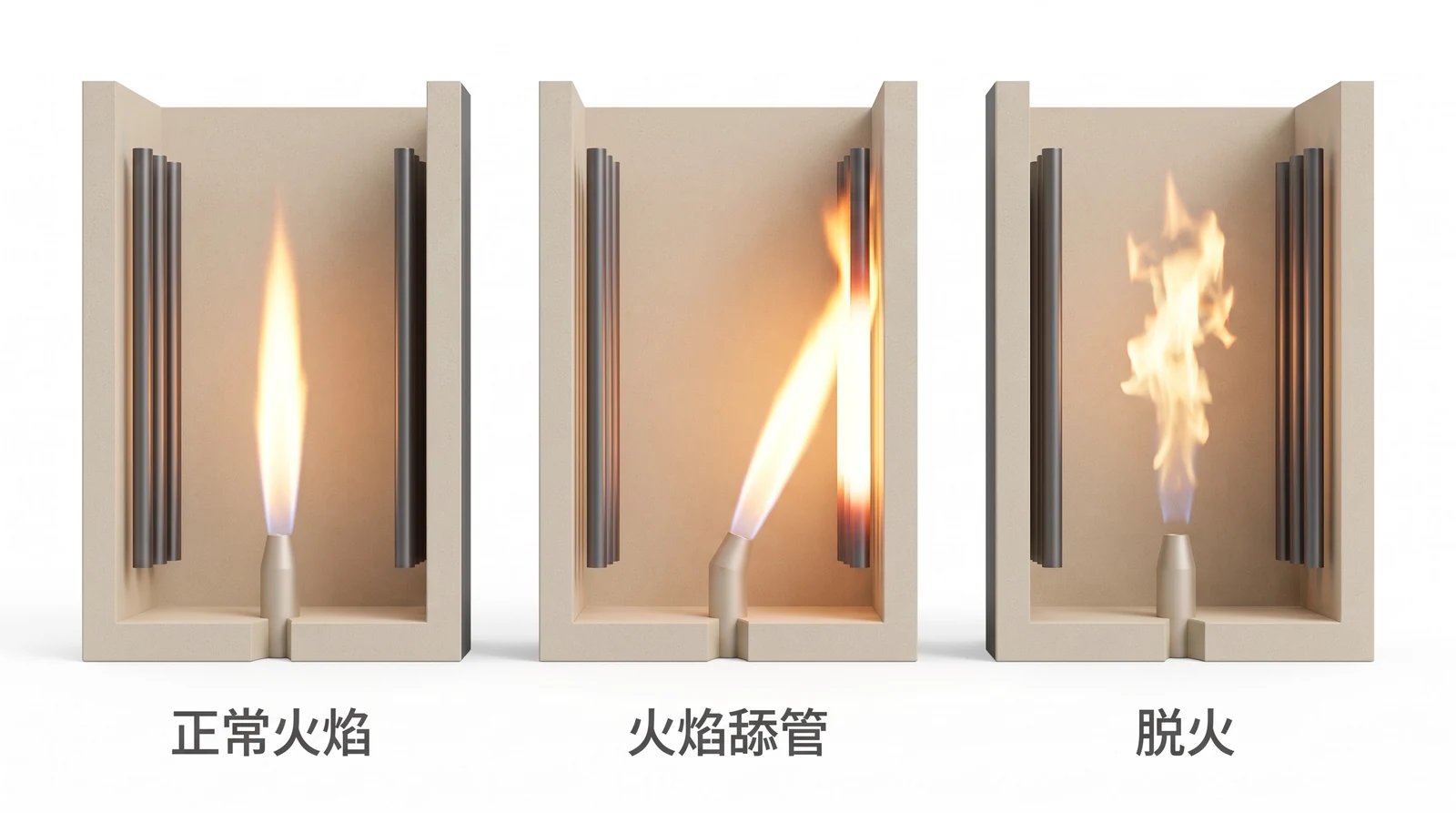三种炉膛火焰形态对比：正常火焰、火焰舔管、脱火