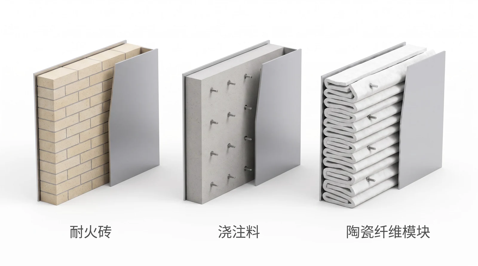 三种炉墙内衬结构对比：耐火砖、浇注料、陶瓷纤维模块