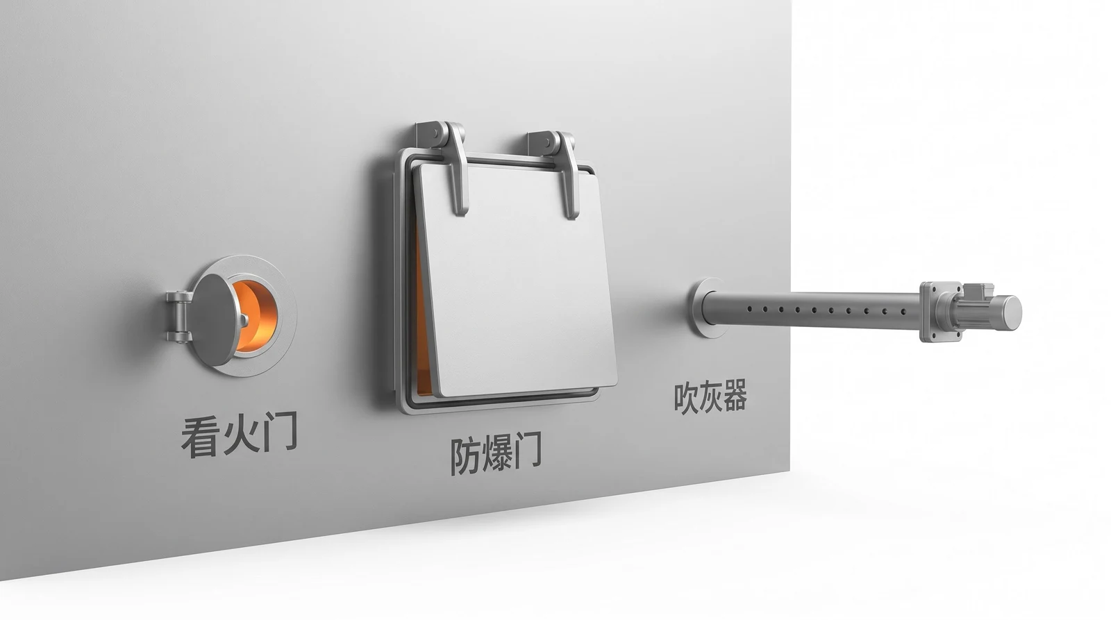 炉体外壁上的三个附件：看火门、防爆门、吹灰器