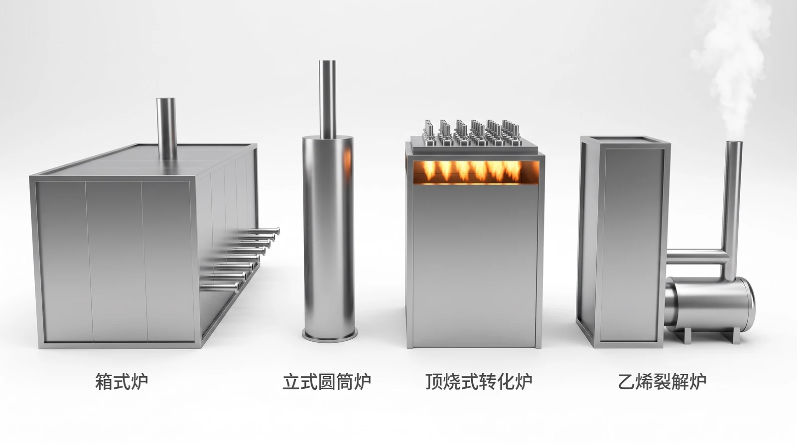 四种工业炉外形对比：箱式炉、立式圆筒炉、顶烧式转化炉、乙烯裂解炉