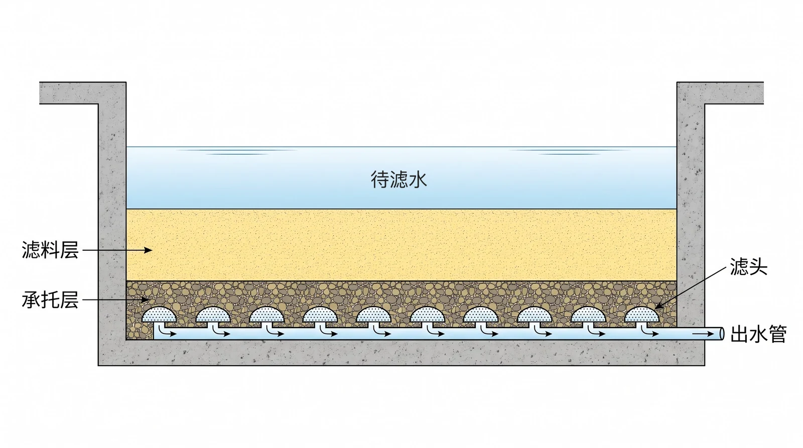 普通快滤池纵向剖面示意：上部待滤水层，中间浅黄色滤料层，下部承托卵石层，最底部为带孔滤头，简体中文标签，白色背景