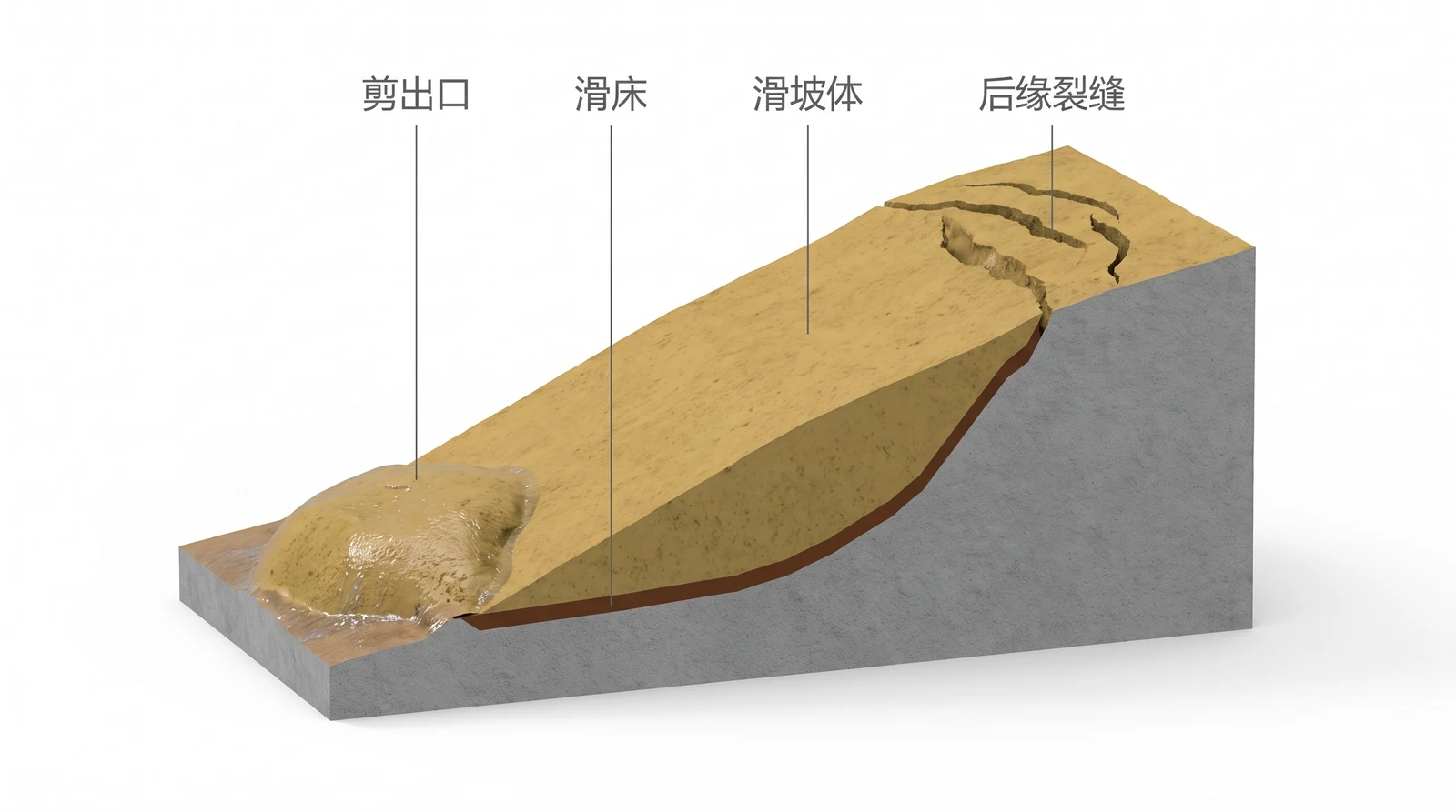 滑坡沿主滑方向的剖视：后缘地面上的弧形拉张裂缝，中间整块下挪的滑坡体，底下一条由陡变缓的折线滑动面，滑动面以下是不动的灰色基岩滑床，坡脚剪出口处地面鼓起渗水