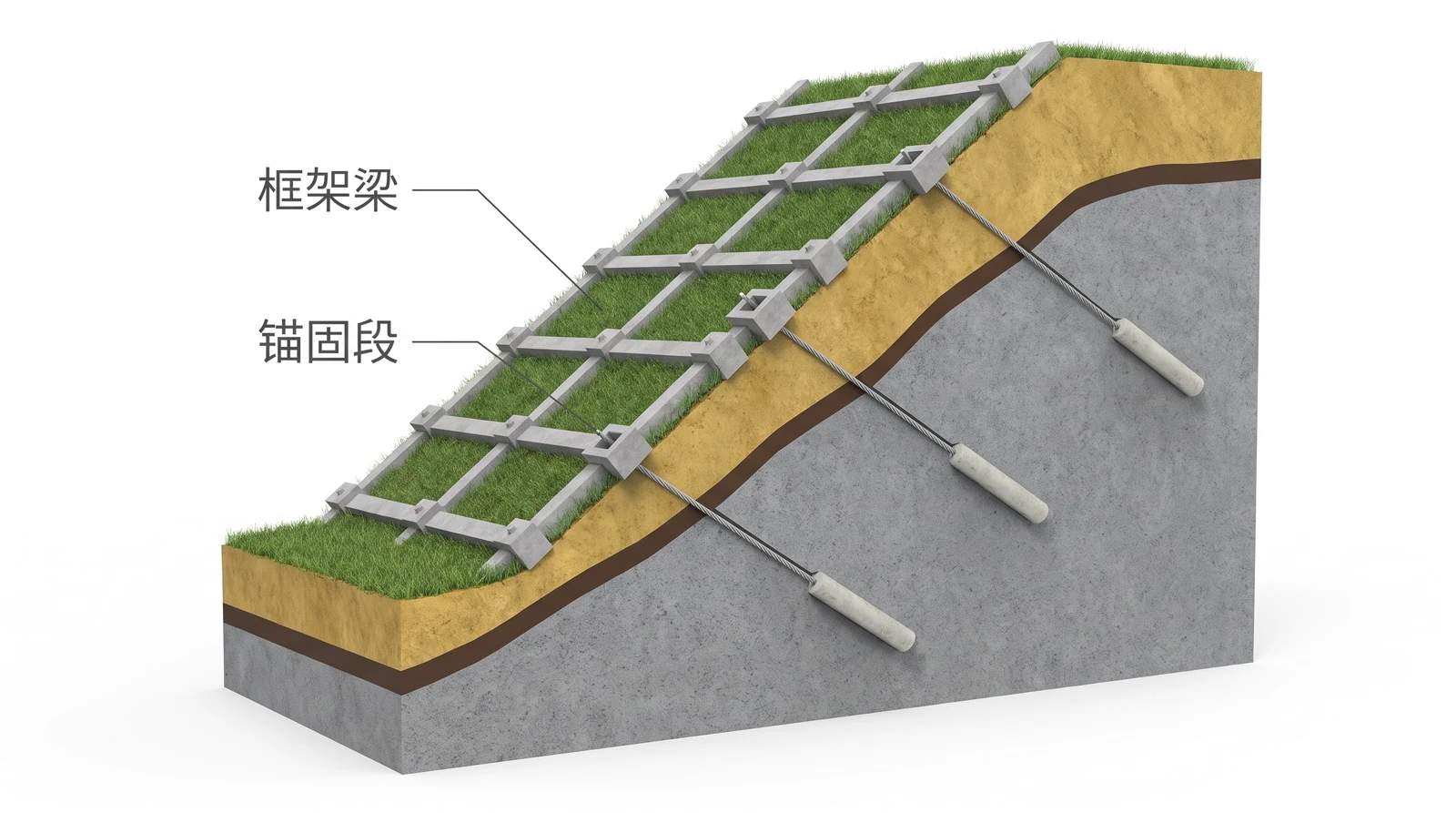 锚索框架梁剖视：坡面上的钢筋混凝土方格梁，交点处的锚头，锚索斜向下穿过黄褐色滑坡体和滑动面，远端加粗的锚固段完整落在滑动面以下的灰色稳定岩体中