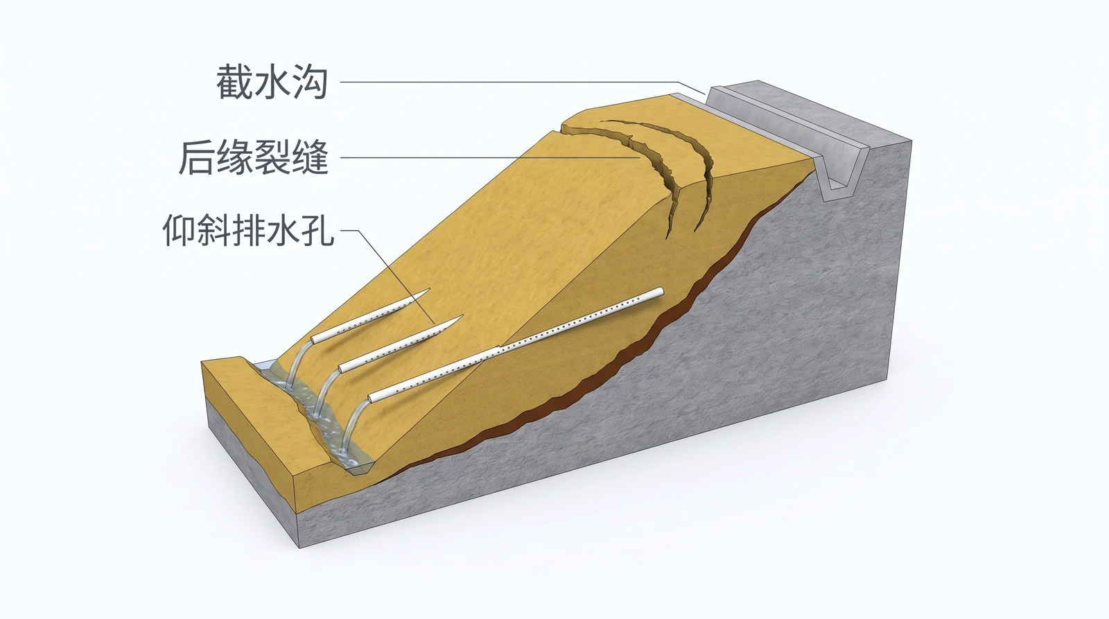 滑坡排水系统剖视：后缘裂缝外侧稳定地面上的混凝土截水沟，坡面上顺坡而下的排水沟，坡面下部一排从孔口向坡里微微上仰的仰斜排水孔伸进滑坡体