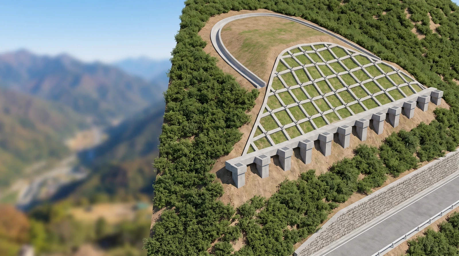 山区滑坡治理工程鸟瞰：坡体中下部一排方形抗滑桩桩顶露出地面，坡面铺着锚索框架梁，后缘外侧绕着一圈混凝土截水沟