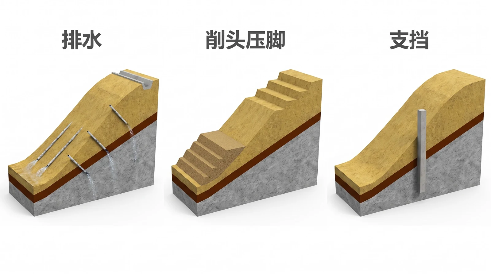 滑坡治理三种措施的剖视对比：左格坡顶外侧截水沟与坡体内仰斜排水孔，中格后缘削掉一块、坡脚堆上一块反压土，右格坡体中下部一根抗滑桩穿过滑动面扎进基岩