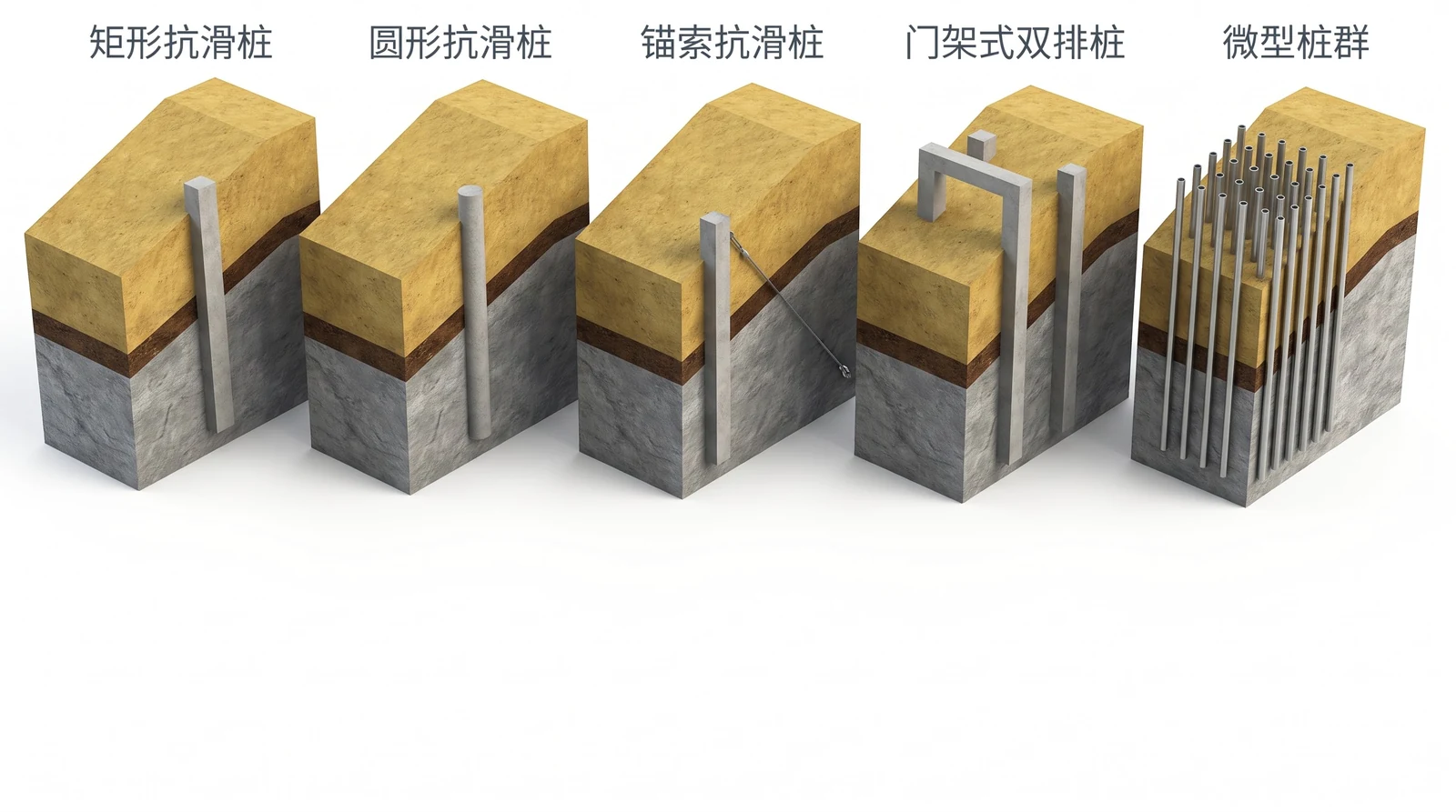 五种抗滑桩形式并排对比：矩形截面抗滑桩、圆形抗滑桩、桩上部带一根斜拉锚索的锚索抗滑桩、前后两排桩顶部连成门架的双排桩、一片密排小直径钢管桩组成的微型桩群，每格左侧为坡下方向