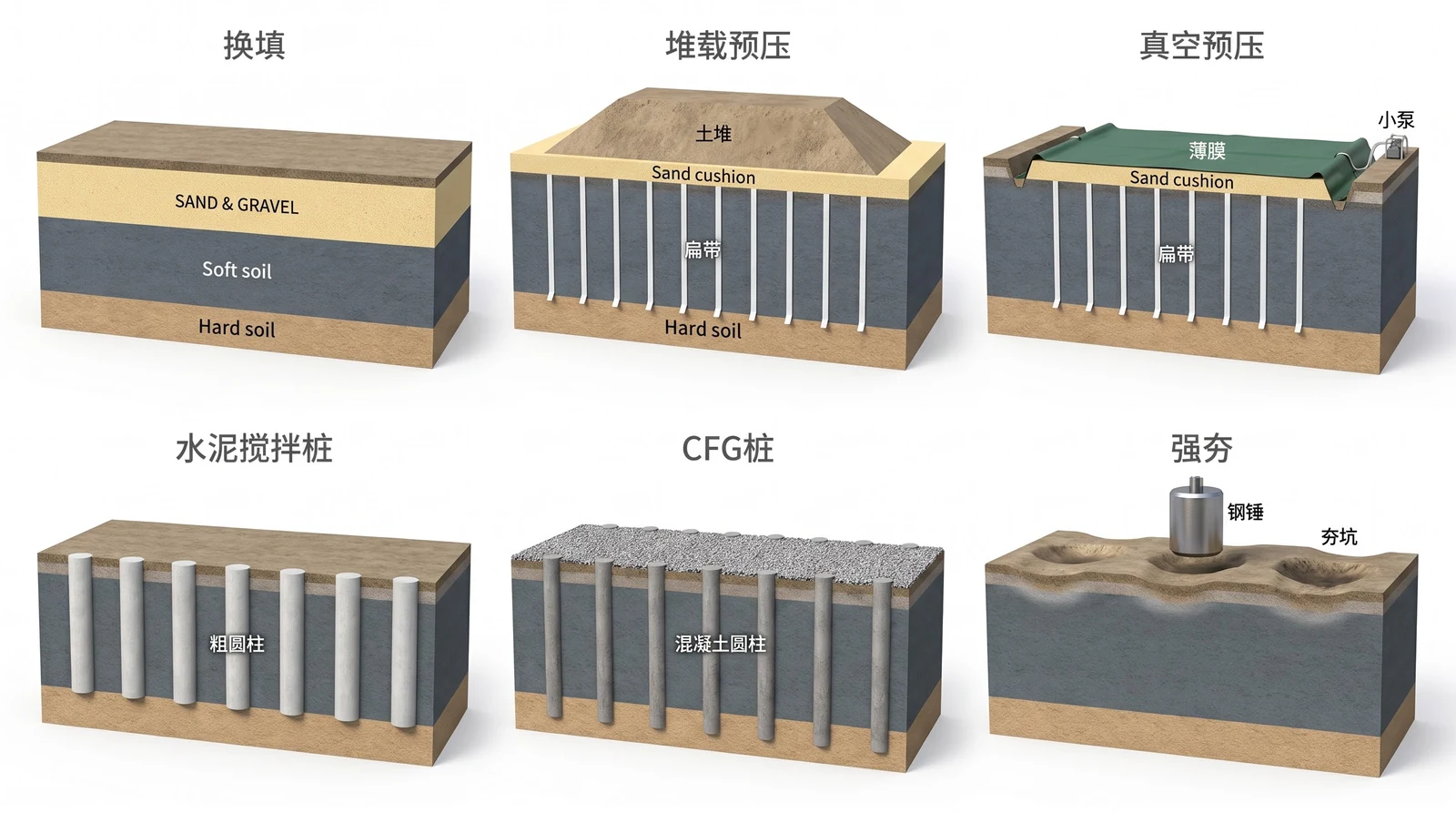 六种软基处理方法的剖视对比：换填把表层软土挖走换成砂石，堆载预压在排水板上堆土，真空预压在密封膜下抽真空，水泥搅拌桩一排灰白色水泥土柱，CFG 桩顶上铺一层碎石褥垫层，强夯重锤落在地面上