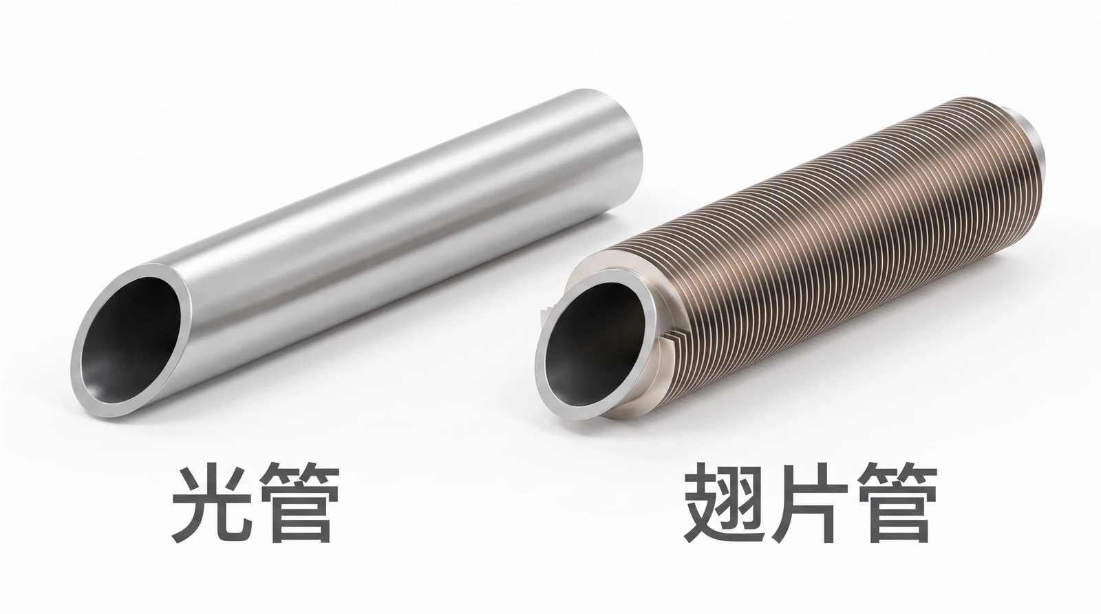 光管与高翅片管外形对比,同样管径下翅片管外表面密布圆环形翅片