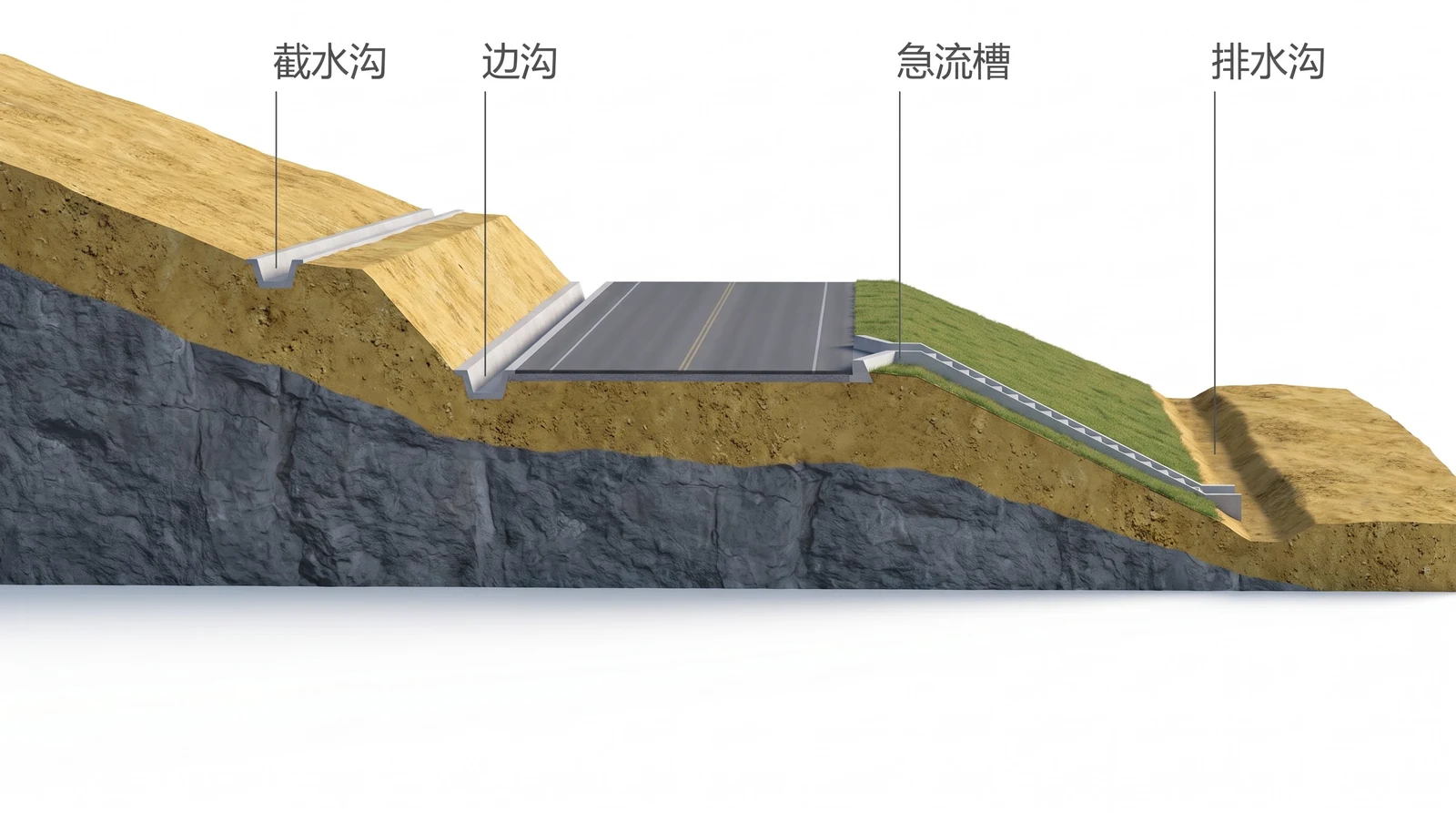 山坡上半填半挖路基的排水系统三维剖视：路堑坡顶外侧截水沟、坡脚边沟、填方坡面上带台阶的急流槽、坡脚排水沟