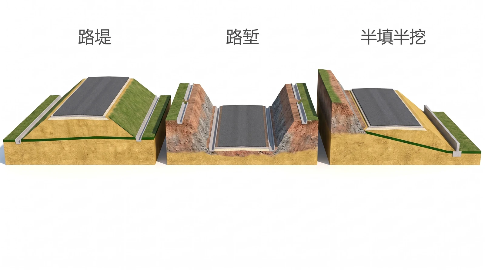 路堤、路堑、半填半挖三种路基横断面形式的三维剖视对比：路堤填在地面之上，路堑挖进地面两侧有边沟和截水沟（截水沟位置为示意，实际要离坡顶 5 米以上），半填半挖一侧挖一侧填并在填方坡脚设矮挡墙