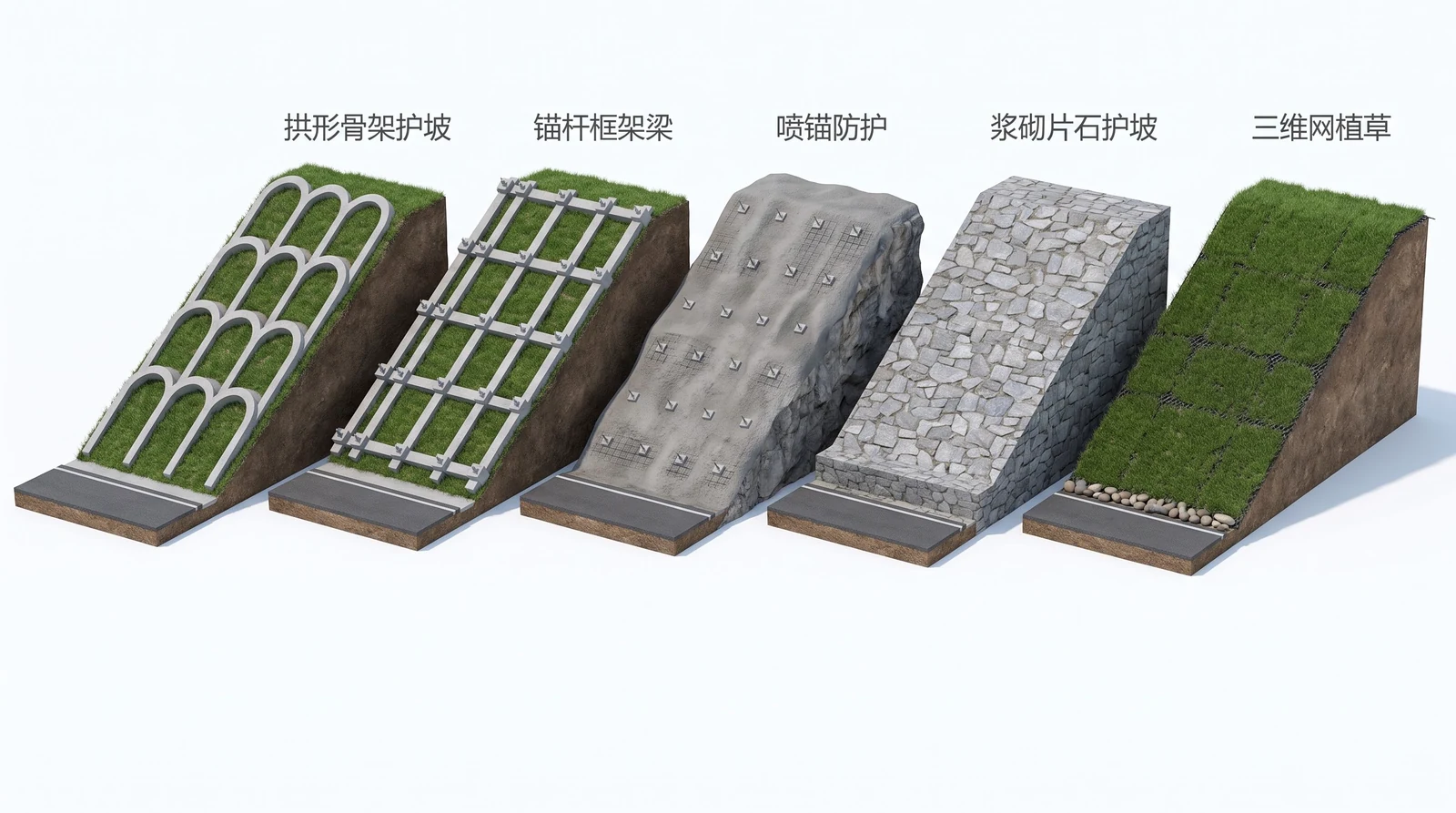 五种公路边坡防护型式的三维对比：拱形骨架护坡、锚杆框架梁、喷锚防护、浆砌片石护坡、三维网植草，每段左下为路面