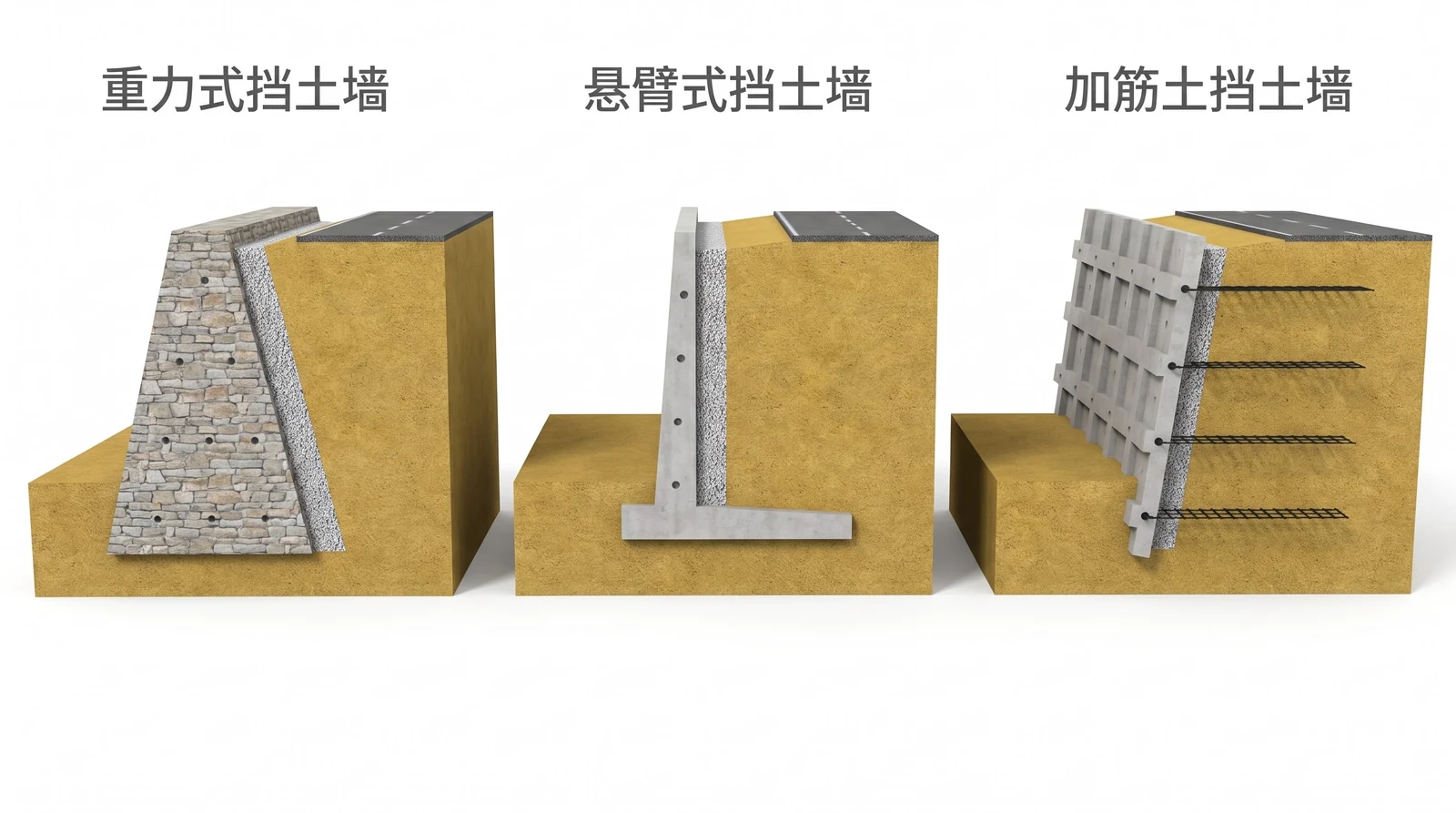 重力式、悬臂式（倒 T 形）、加筋土三种挡土墙的三维剖视对比：墙右侧为填土与路面，墙面一排泄水孔，墙背一条碎石反滤层；加筋土墙面板后是层层水平格栅