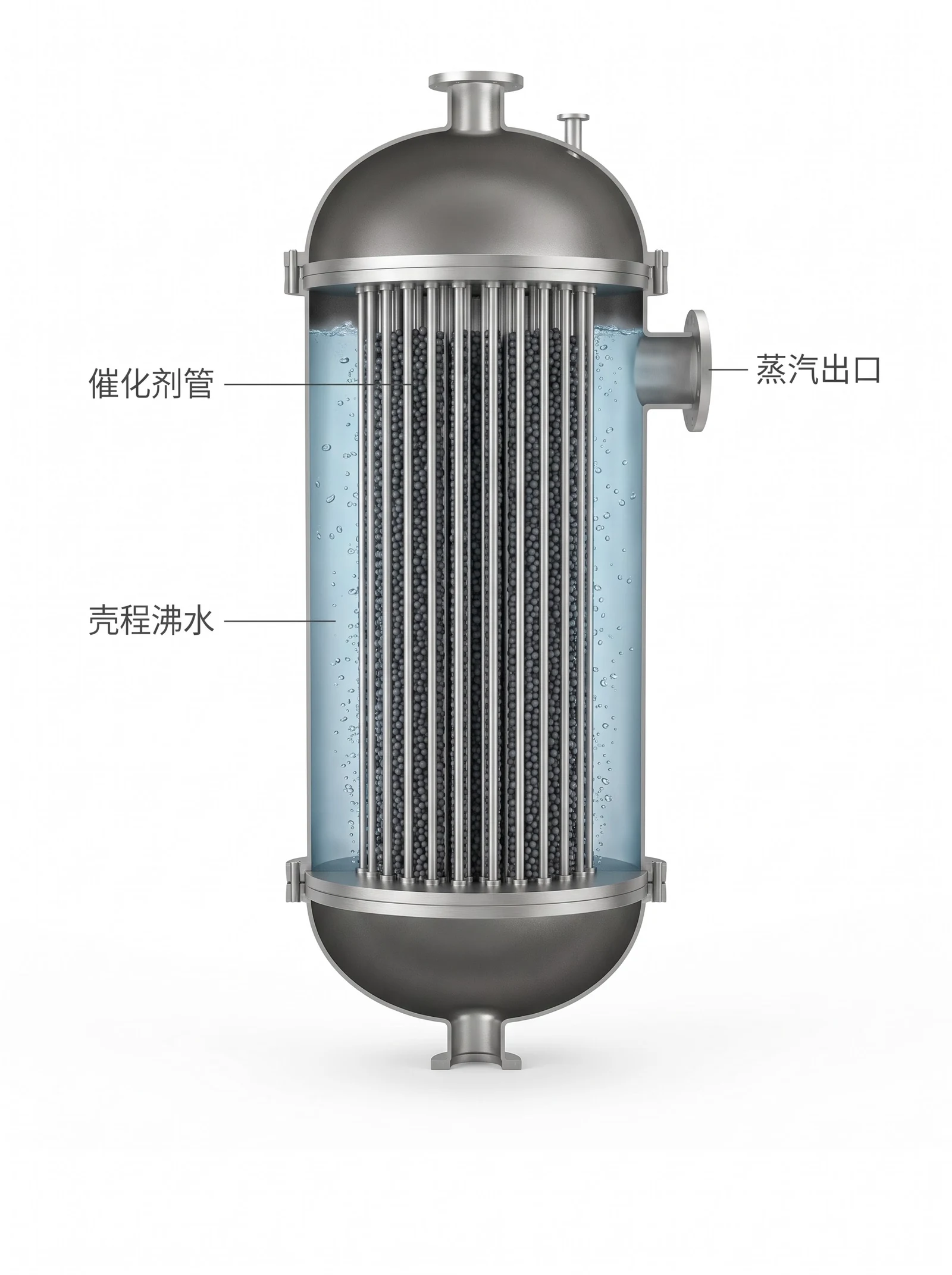 管壳式水冷等温甲醇合成塔纵向剖视：催化剂管束、壳程沸水、蒸汽出口