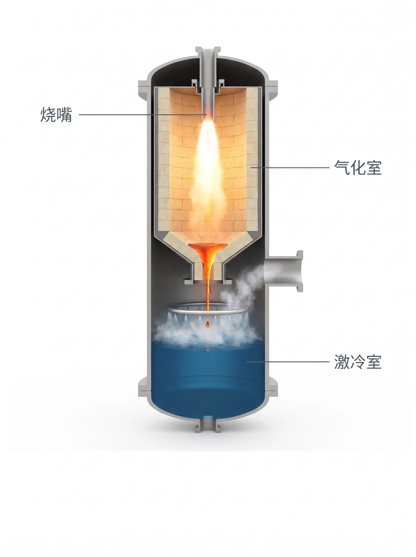 气流床煤气化炉纵向剖视：顶部烧嘴、耐火砖衬里的气化室、熔渣滴入激冷室水池