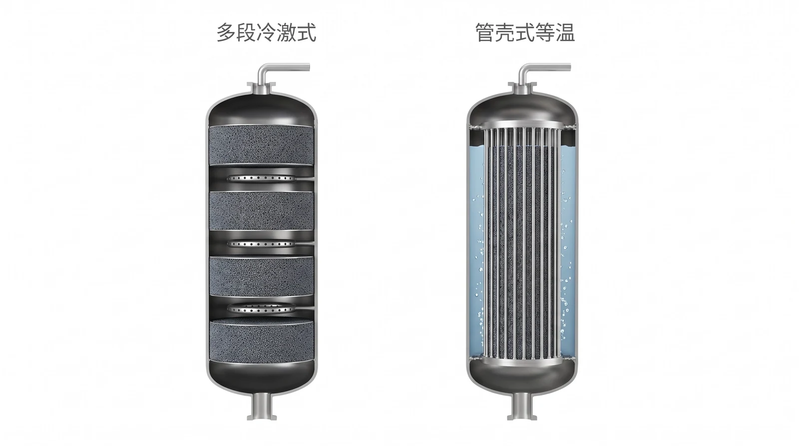 两种甲醇合成塔剖视对比：多段冷激式的四层催化剂床与环形冷激管，管壳式等温的管束与壳程沸水