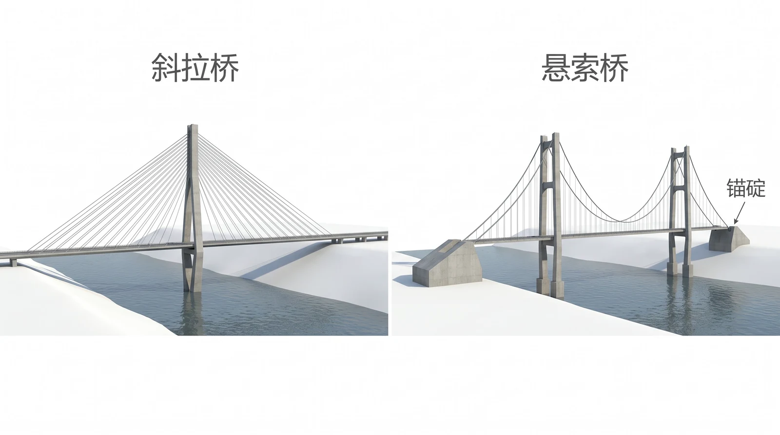 斜拉桥与悬索桥对比：斜拉索两端锚在塔和梁上，悬索桥主缆过塔顶后扎进两岸锚碇