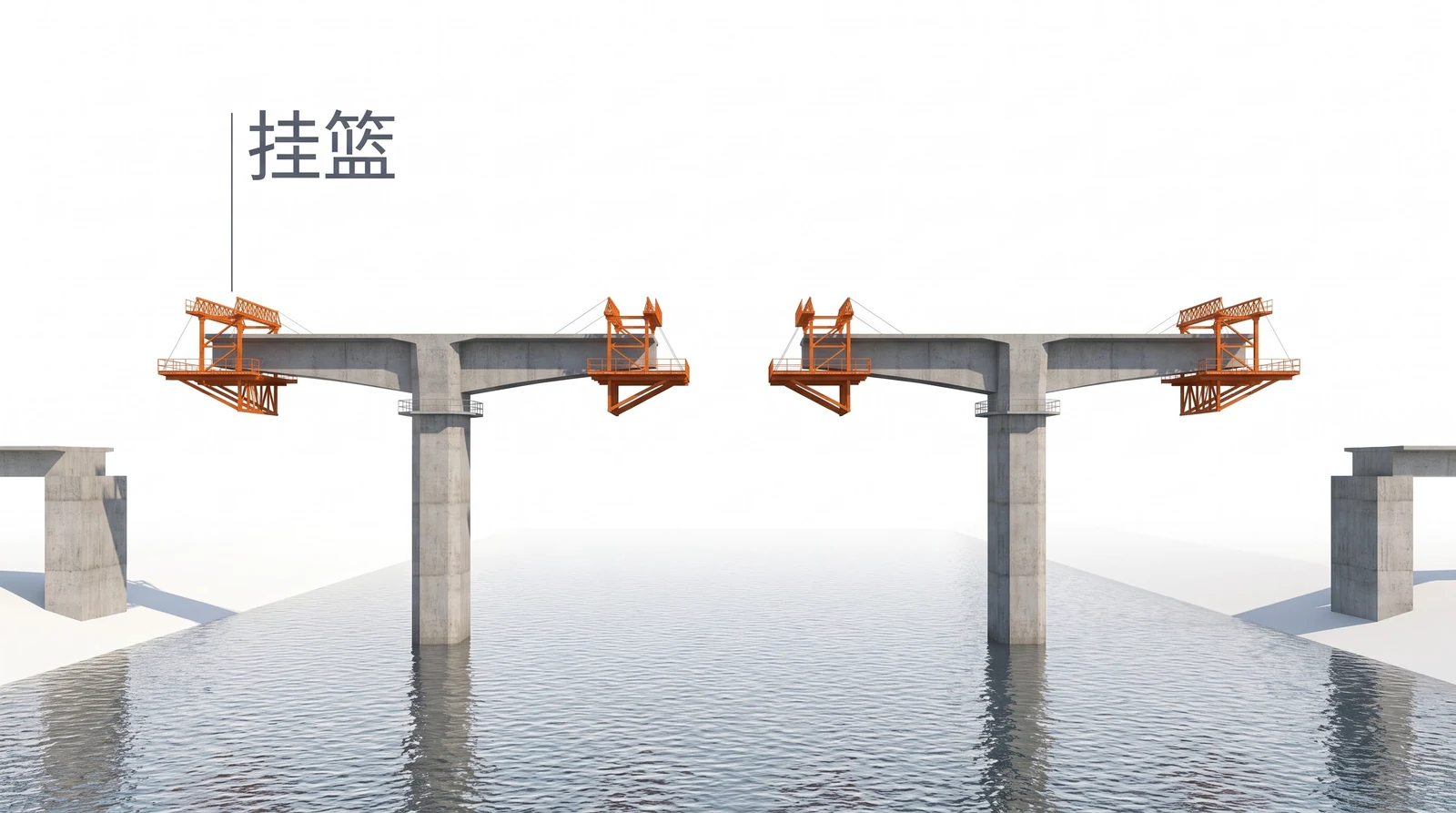 挂篮悬臂浇筑第二步对称悬浇：两个河墩各长出对称的 T 字形箱梁，四个端头各挂一台橙色挂篮