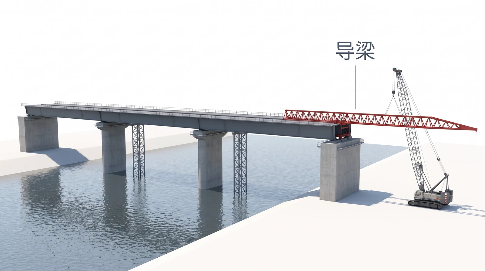 顶推法第三步到位拆导梁：钢箱梁已从左岸推到右岸，探出右岸的导梁正被履带吊拆除