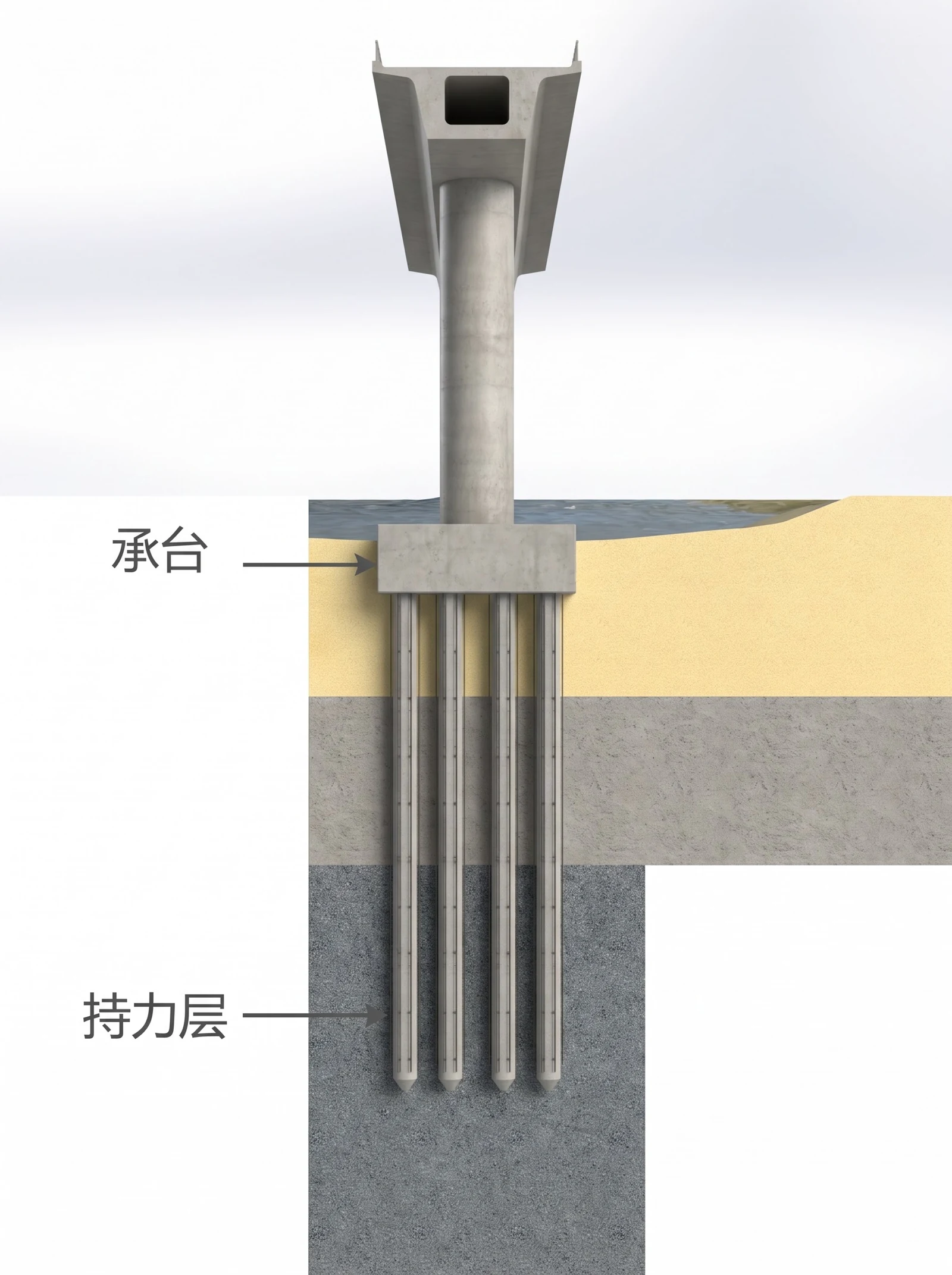 桥墩下部基础竖向剖视：承台下两排钻孔灌注桩穿过软土层，桩尖插进最底下的持力层