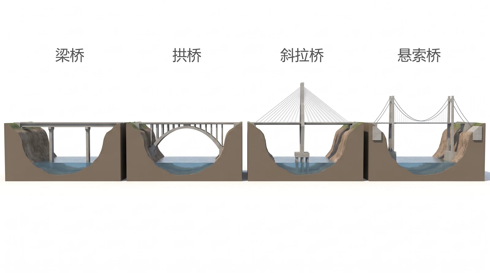 四种桥梁结构型式并排对比：梁桥、拱桥、斜拉桥、悬索桥，同一条河、桥面同高