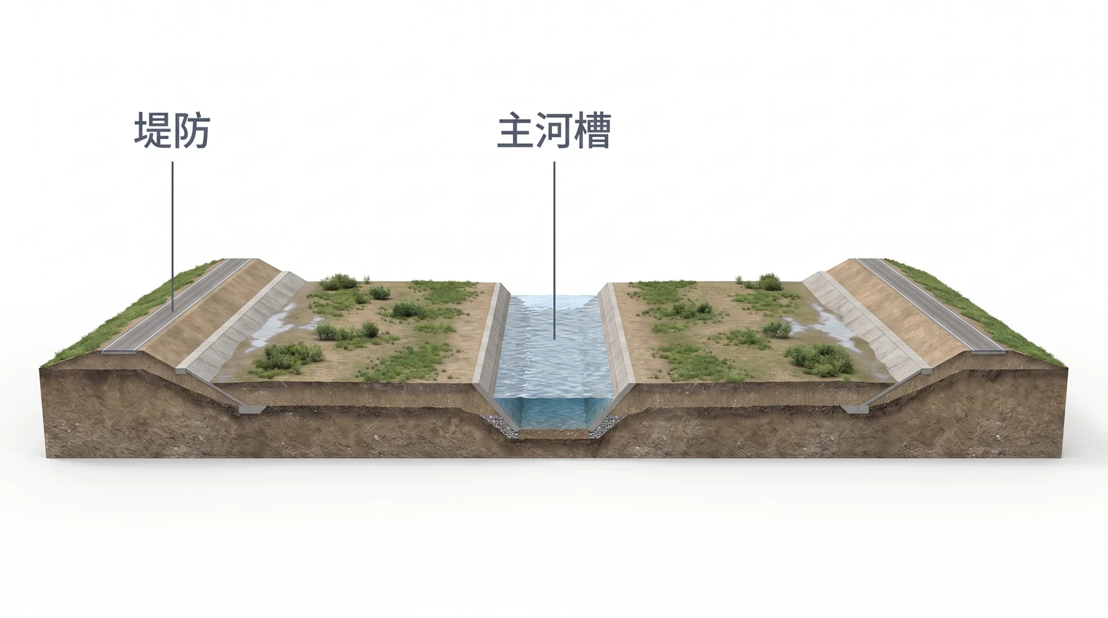 复式河道断面三维剖视：中间主河槽有水，两侧高出一截的滩地长着草，滩地外侧是带护坡的梯形堤防