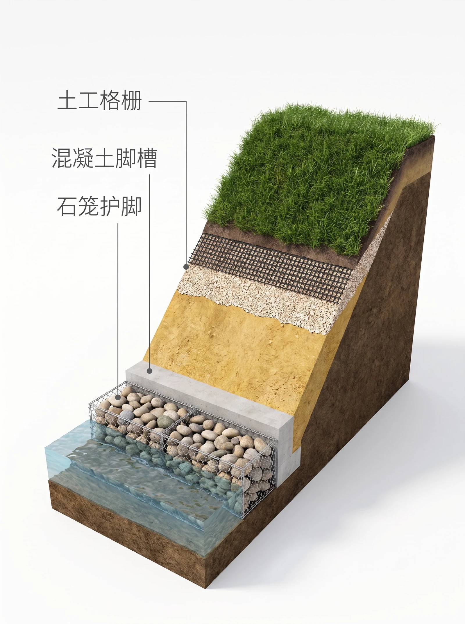 生态护坡分层结构竖向剖视：坡脚石笼护脚与混凝土脚槽、压实土坡、碎石垫层、土工格栅、最外层草皮