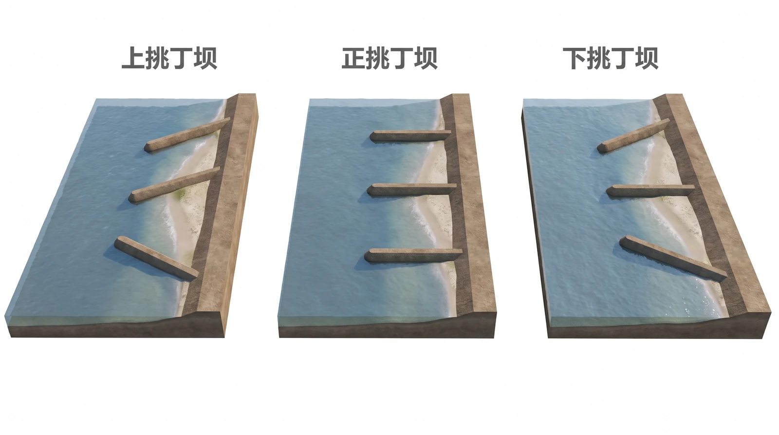 三种丁坝布置方式俯视对比（水流自上而下）：上挑、正挑、下挑，每段河岸三根等间距圆钝坝头的丁坝，坝间淤出浅滩