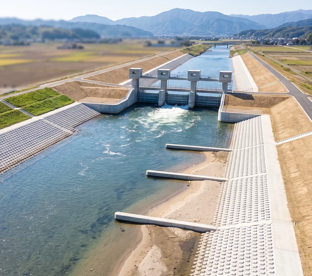 河道整治工程鸟瞰：梯形土堤与混凝土护坡、三孔水闸与闸后消力池、右岸三根丁坝和左岸生态护坡
