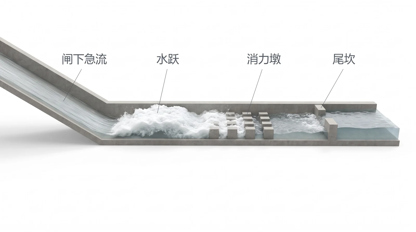 消力池水跃剖视：左侧薄而快的闸下急流冲入下沉池，中间翻滚成白色水跃，一排消力墩和末端尾坎，之后水面变高变缓