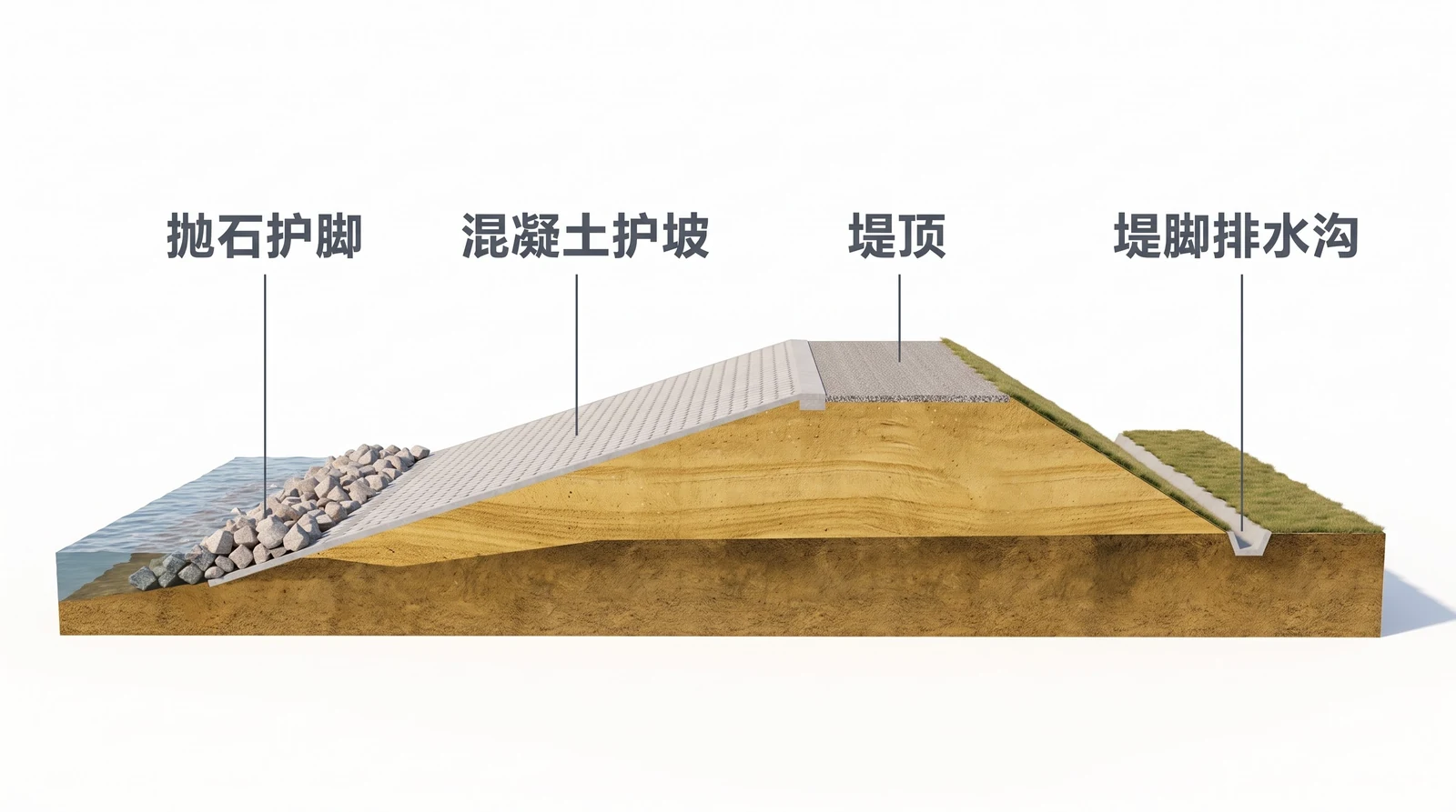 河道堤防标准断面三维剖视：堤顶、缓的迎水坡与混凝土护坡、坡脚抛石护脚、陡的背水坡与堤脚排水沟、分层压实的堤身