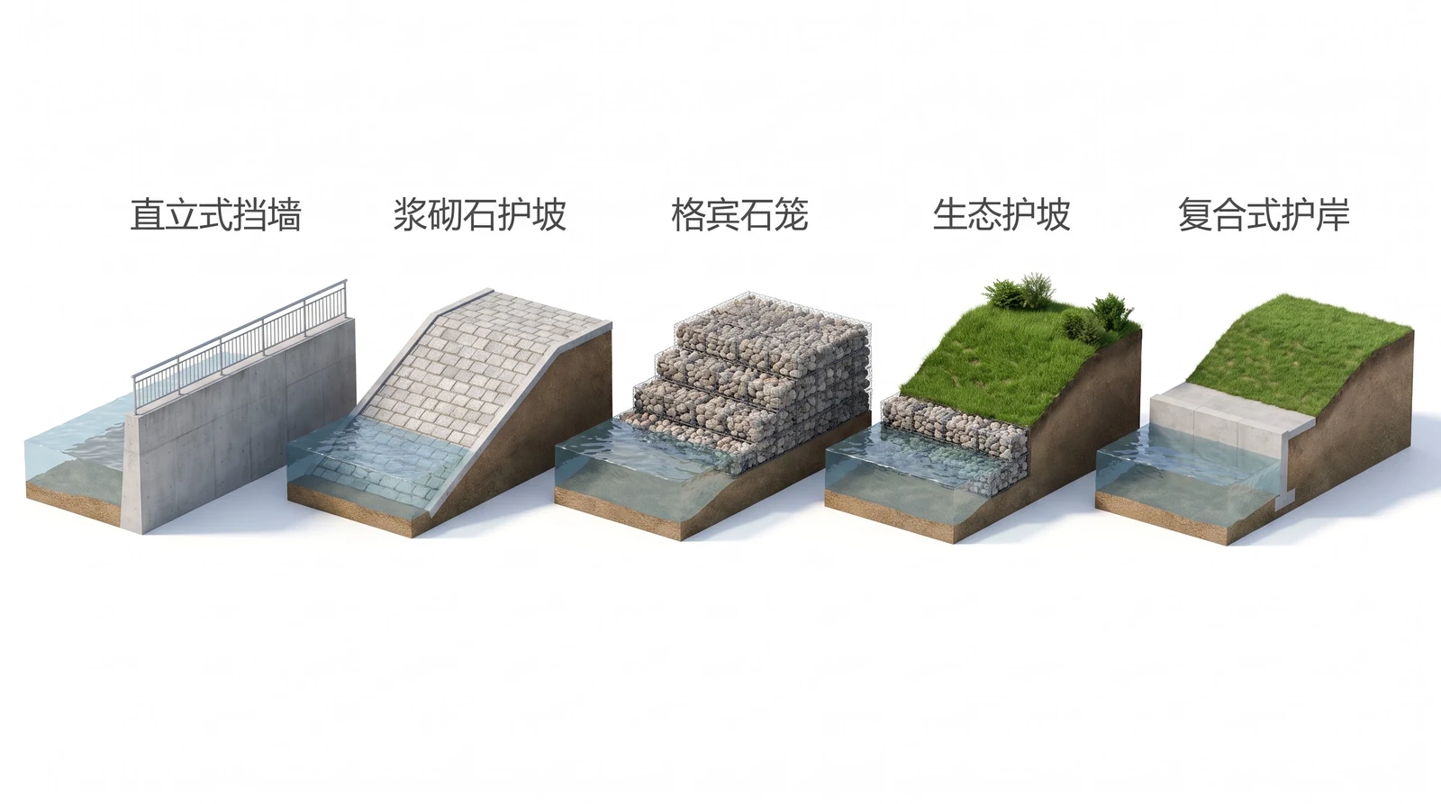 五种河道护岸型式并排对比：直立式挡墙、浆砌石护坡、格宾石笼、生态护坡、复合式护岸