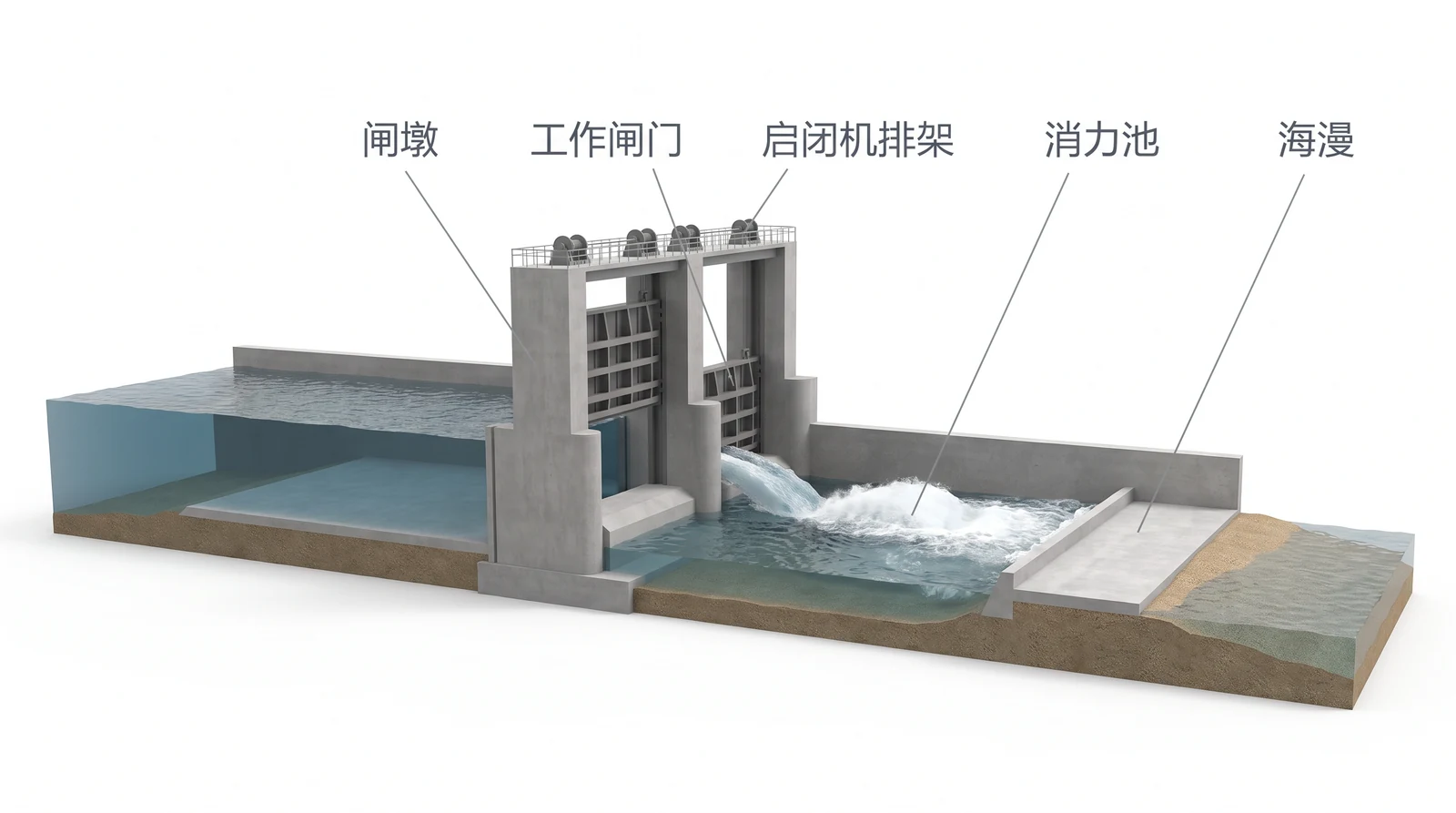 水闸纵向剖视：上游铺盖、闸底板与闸墩、半开的工作闸门、启闭机排架、闸后消力池与水跃、尾坎、海漫