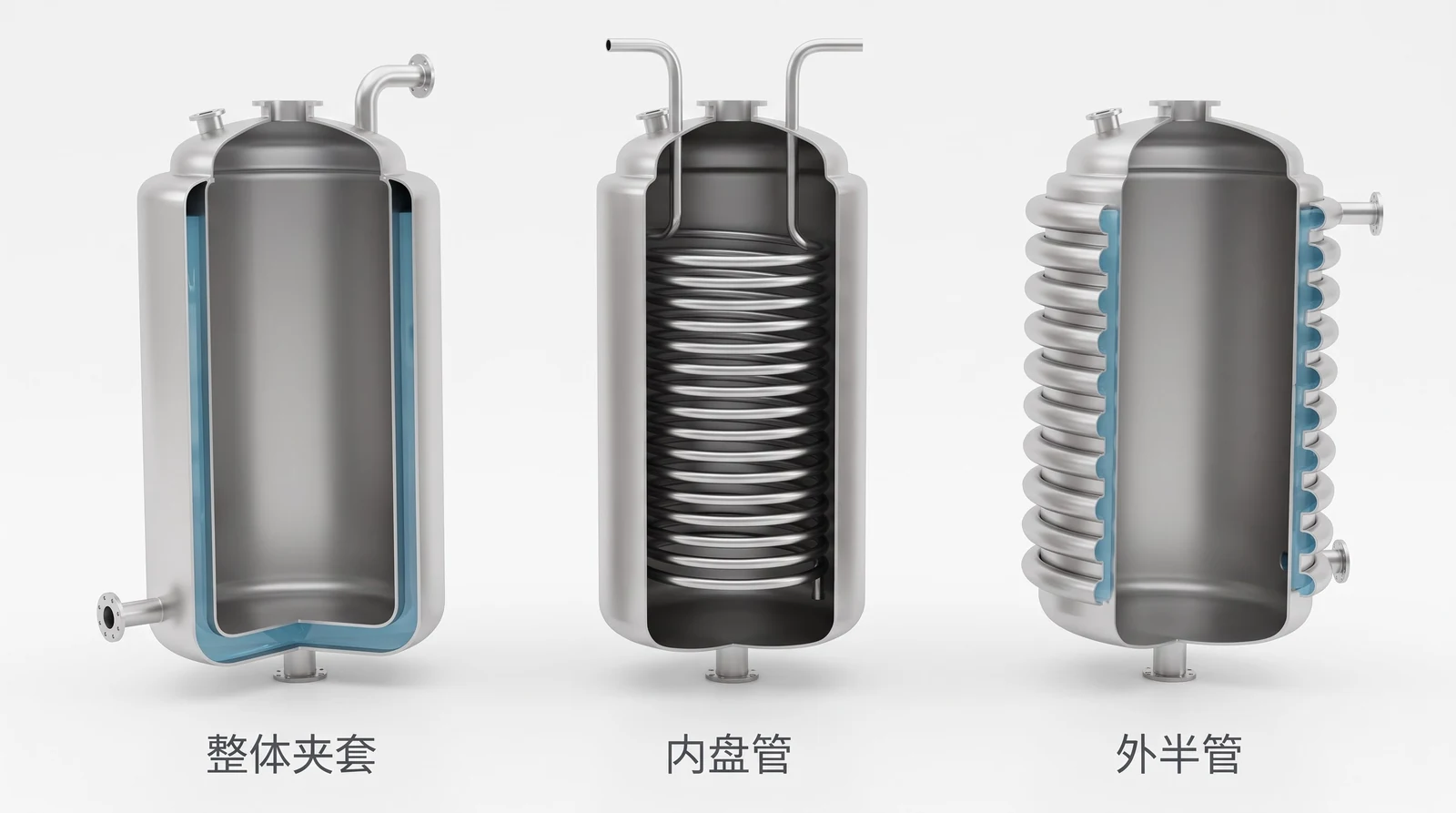 整体夹套、内盘管、外半管三种反应釜传热结构的剖视对比