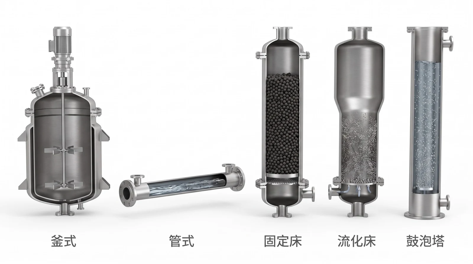 釜式、管式、固定床、流化床、鼓泡塔五类工业反应器的剖视对比
