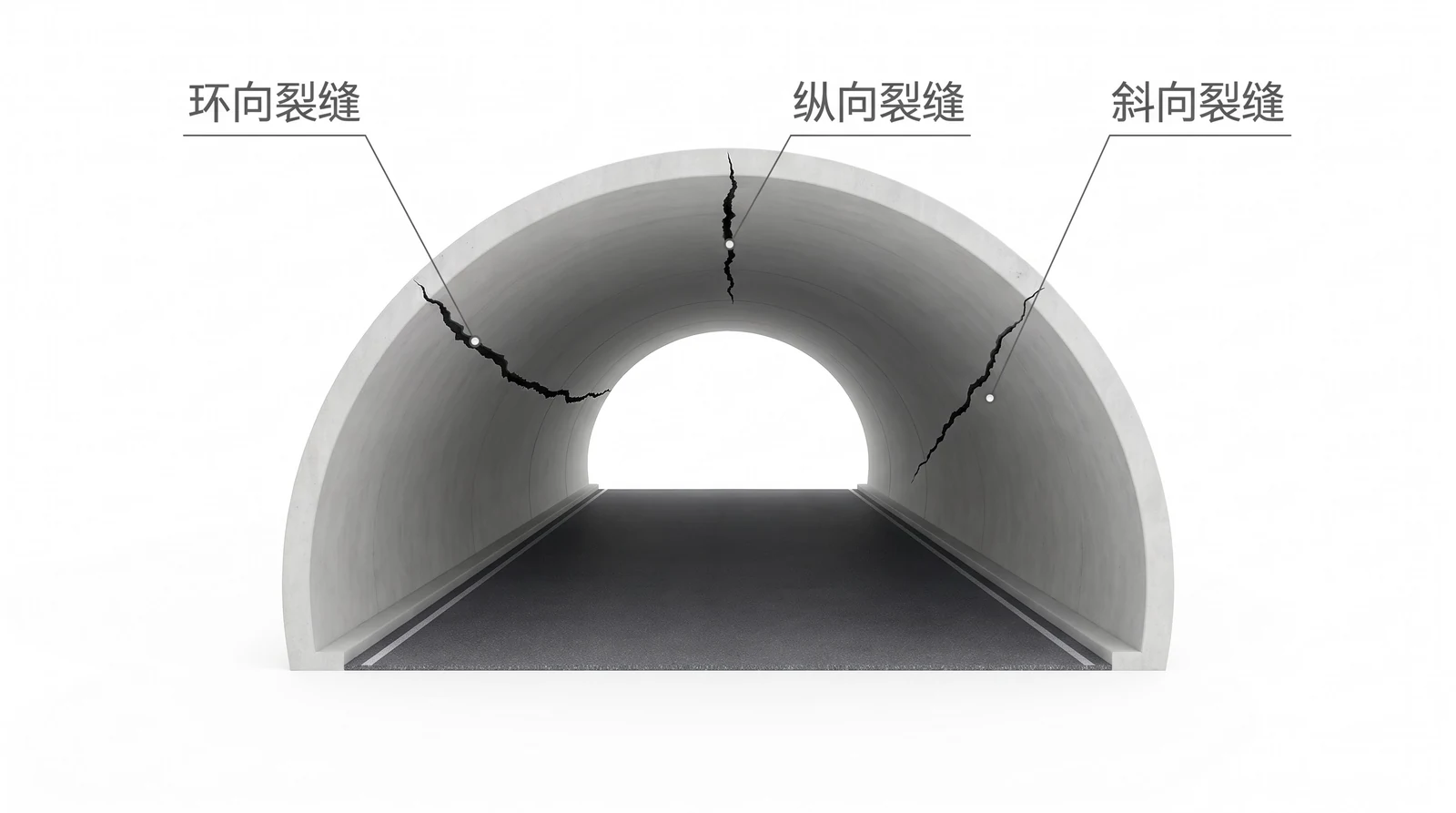 隧道二次衬砌内表面的三种裂缝走向示意：环向裂缝绕断面一圈、纵向裂缝沿拱顶延伸、斜向裂缝出现在边墙