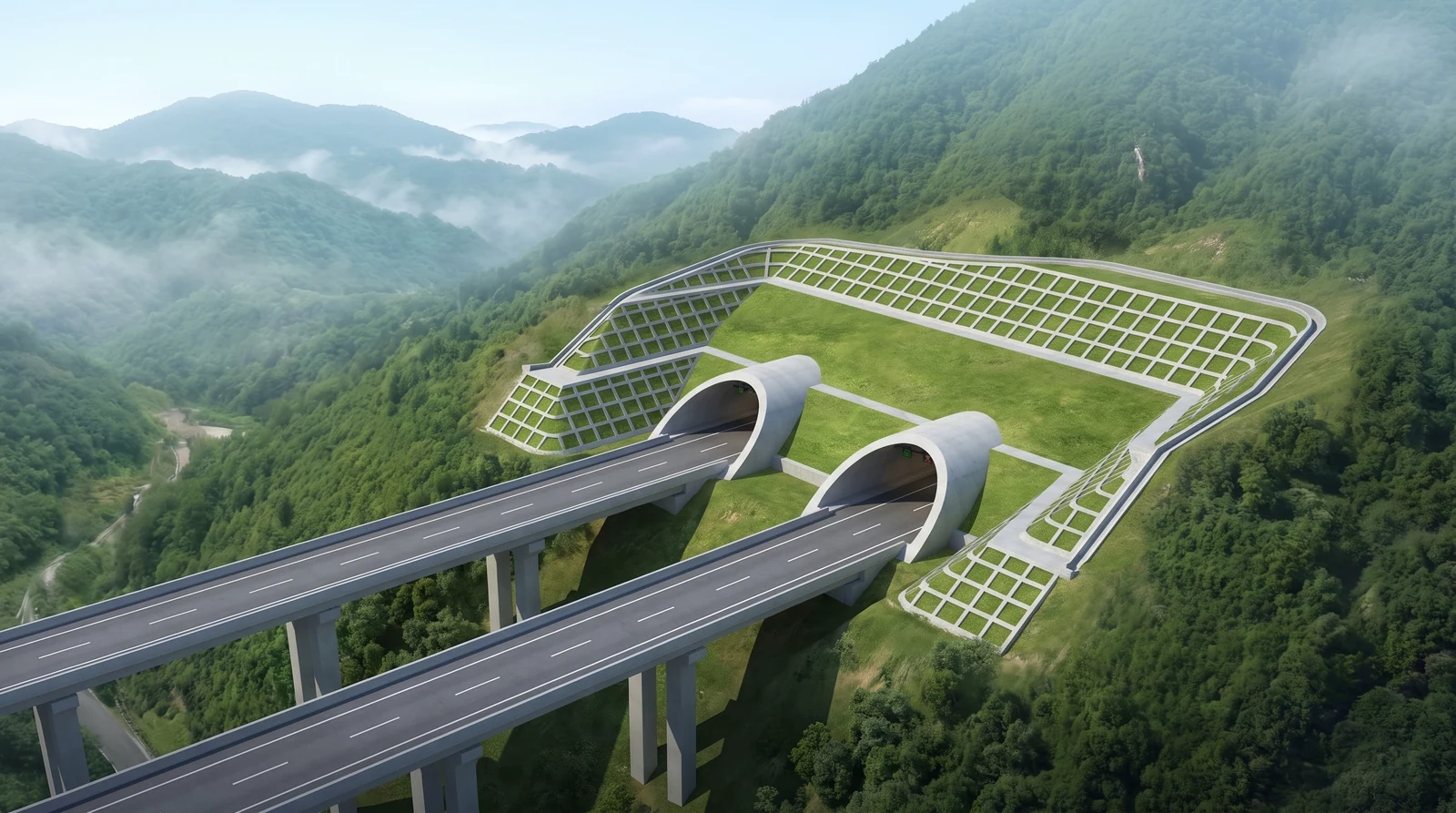 山岭公路隧道洞口鸟瞰：双洞削竹式洞门嵌在绿化的山坡里，洞口上方与两侧是分级防护的边仰坡，公路从桥上接入洞口