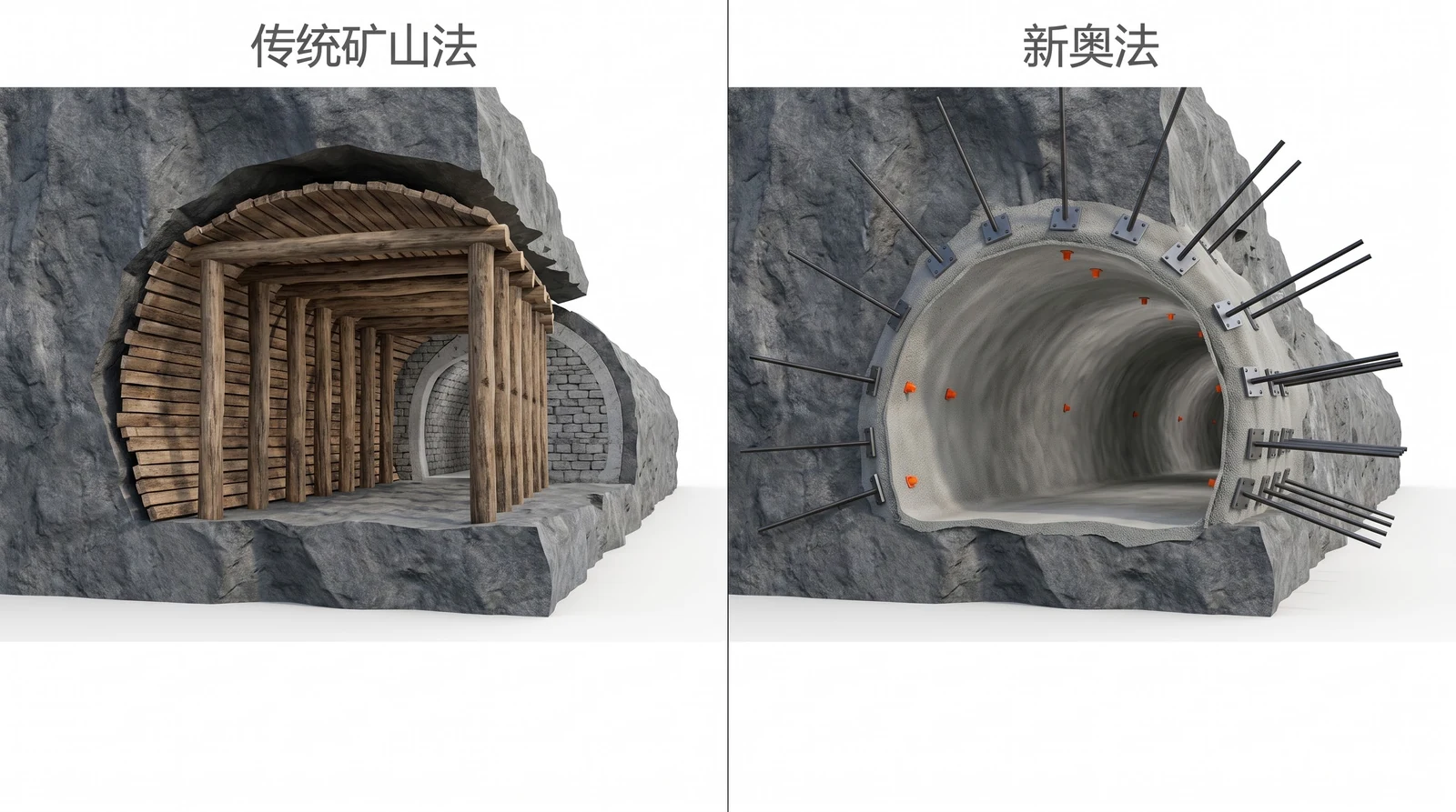 传统矿山法与新奥法对比：左格洞内密排木支撑与厚衬砌，右格洞壁径向锚杆、薄喷层与收敛测点