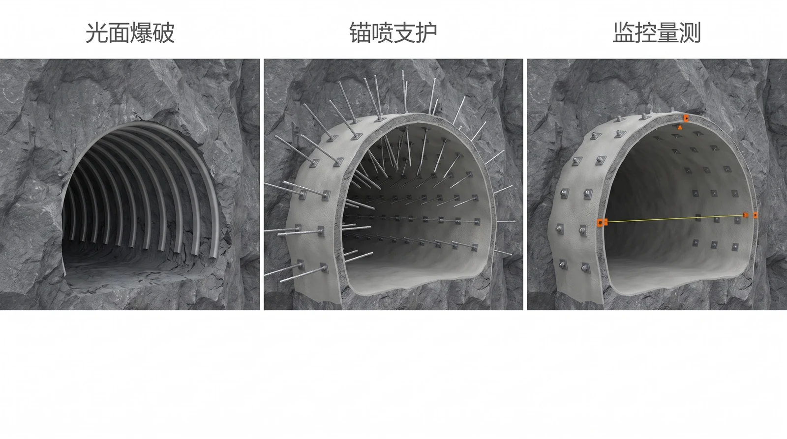 新奥法三要素三格对比：光面爆破后的平整开挖轮廓与半孔、锚喷支护的径向锚杆与喷层、监控量测的收敛测点