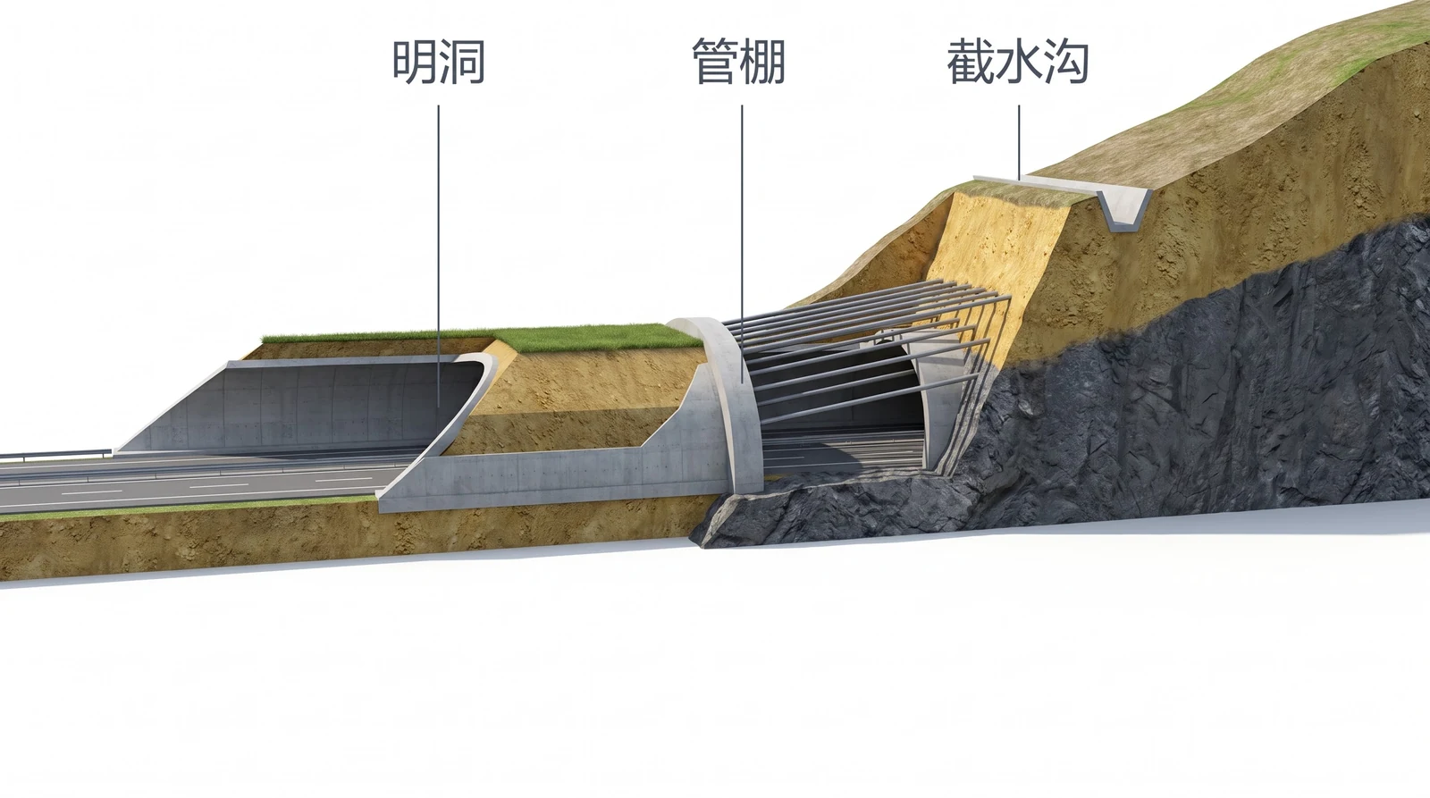 隧道洞口段纵向剖视：仰坡顶截水沟、削竹式明洞与洞顶回填、明暗洞交界处的管棚、洞口外的路堑边坡