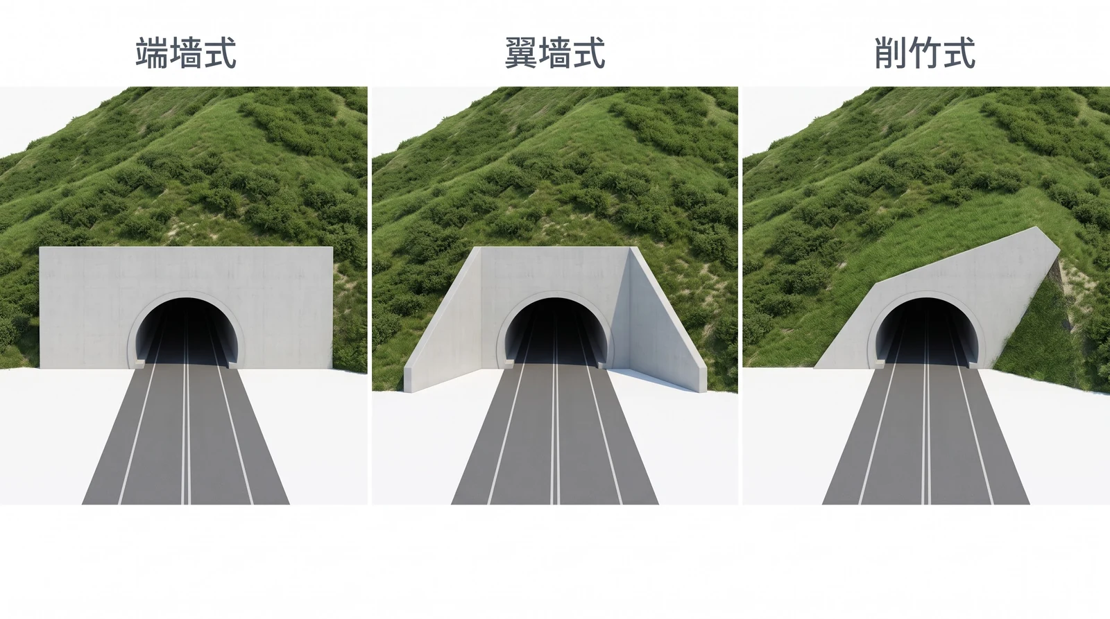 三种公路隧道洞门型式并排对比：端墙式、翼墙式、削竹式，每格同一座山坡、同一条两车道路面