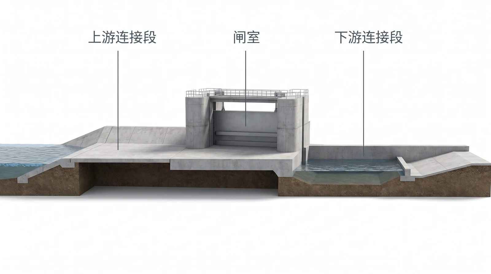 水闸纵向剖面示意：从左到右依次为上游连接段、闸室、下游连接段，下游底板凹下去形成消力池，简体中文标签