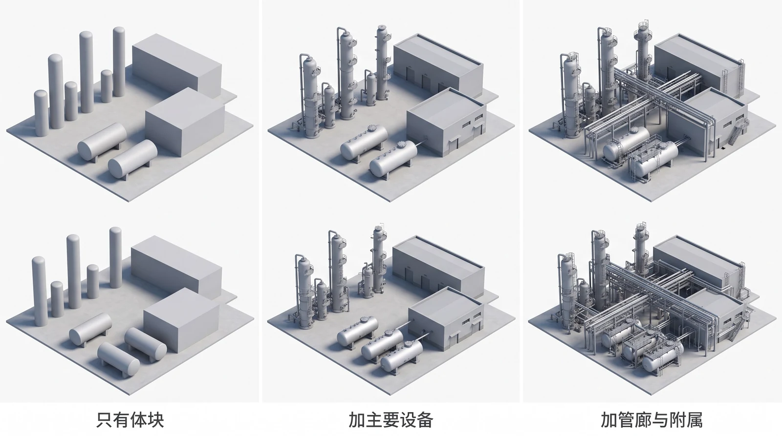 同一片装置区的三档详略对比：只有体块、加主要设备、加管廊与附属