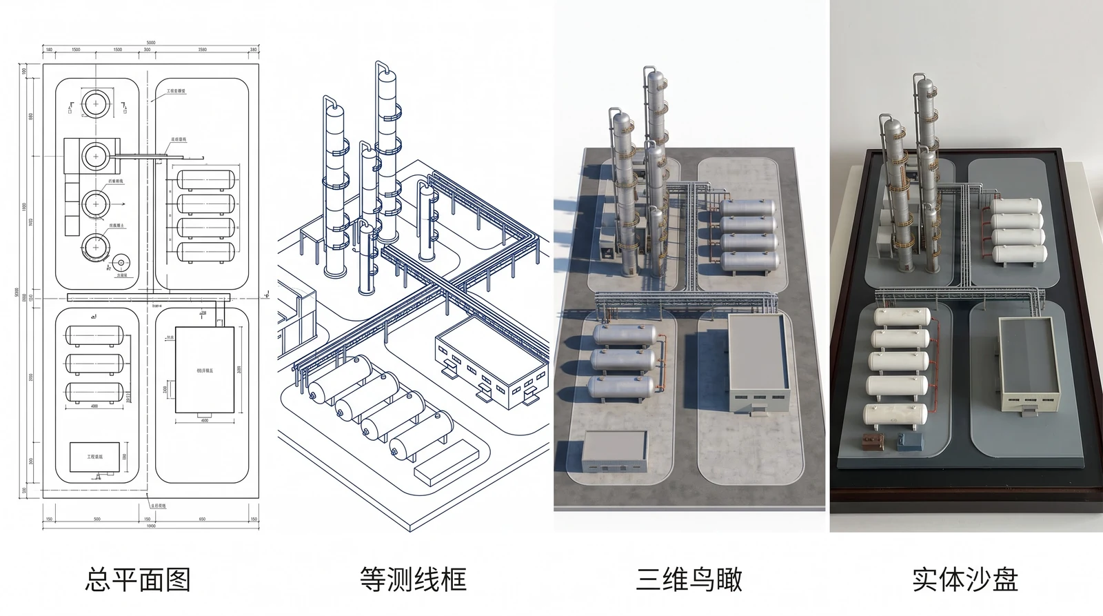 同一座厂区的四种表达形态对比：总平面图、轴测线框、三维鸟瞰渲染、实体沙盘模型