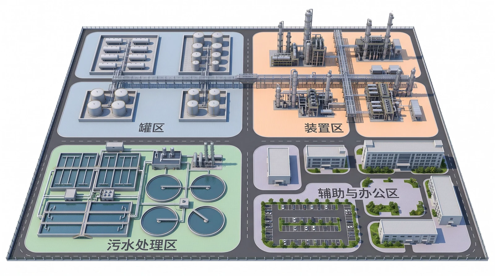 化工厂区功能分区着色鸟瞰图，四个区块地面分别标示罐区、装置区、污水处理区与辅助办公区