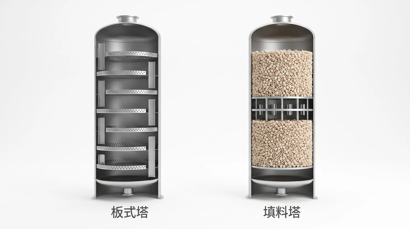 板式塔与填料塔并排剖视对比：左侧塔内是多层带降液管的水平塔板，右侧塔内是两段连续堆积的填料层与中间的液体再分布器