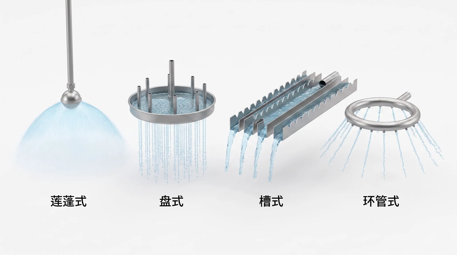 四种液体分布器对比：莲蓬式、盘式、槽式、环管式