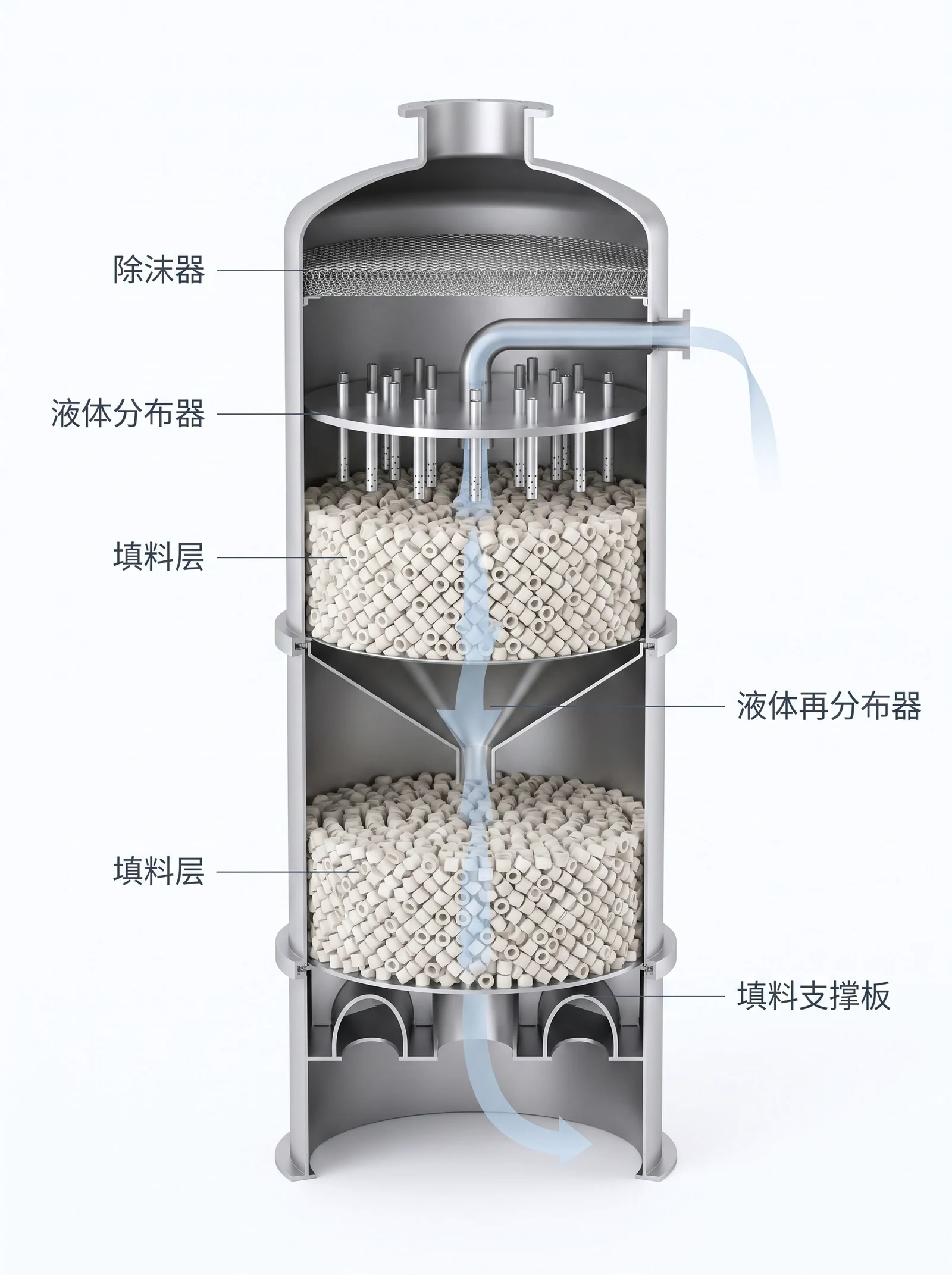 填料塔内件剖视：除沫器、液体分布器、填料层、液体再分布器、填料支撑板