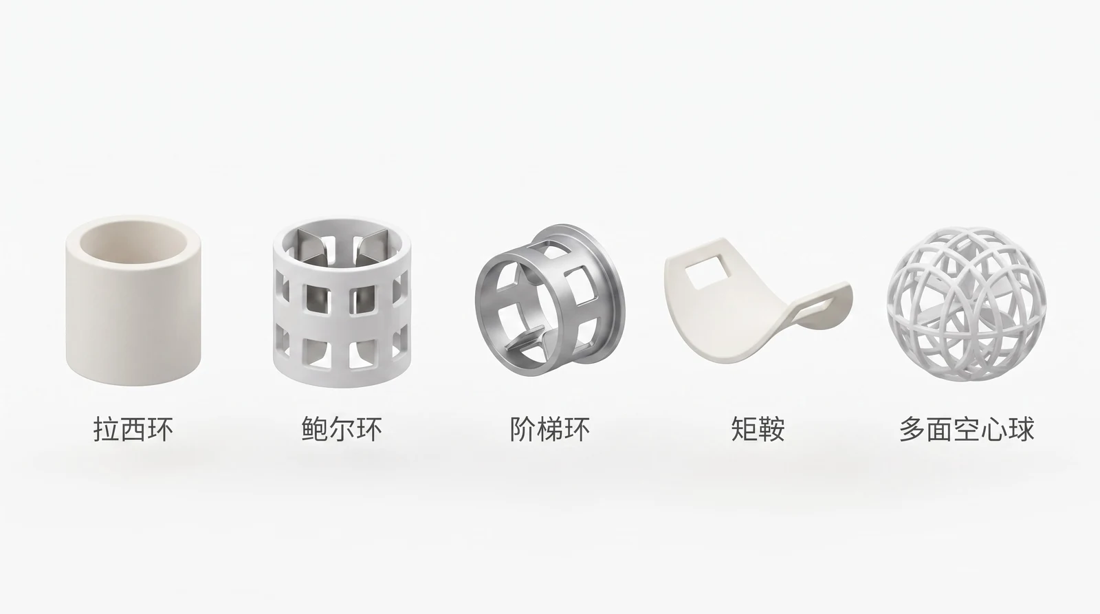 五种散装填料实物对比：拉西环、鲍尔环、阶梯环、矩鞍、多面空心球
