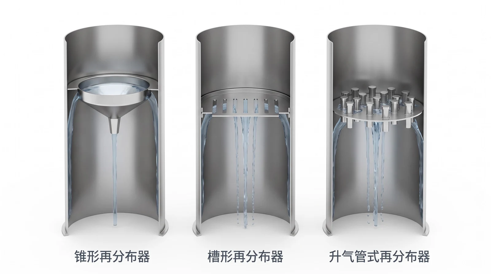 三种液体再分布装置对比：锥形、槽形、升气管式